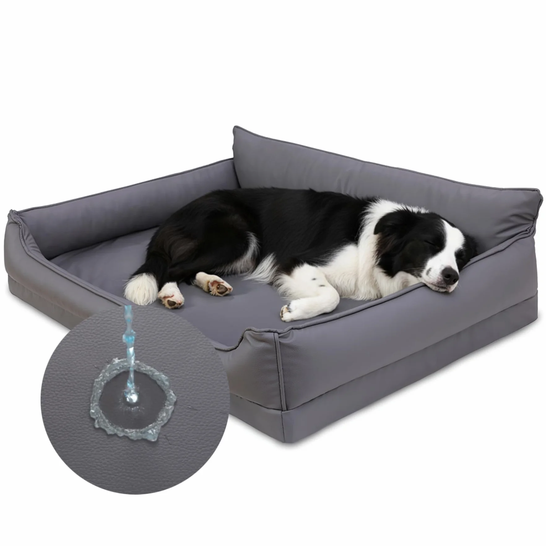 Ortopédica Cama Perro Medianos, Sofá Perro de Cuero Sintético Impermeable–91x68 cm, Espuma de Huevo, Cama para Perros Desenfundable y Lavable, Colchon Perro Antideslizante, Gris