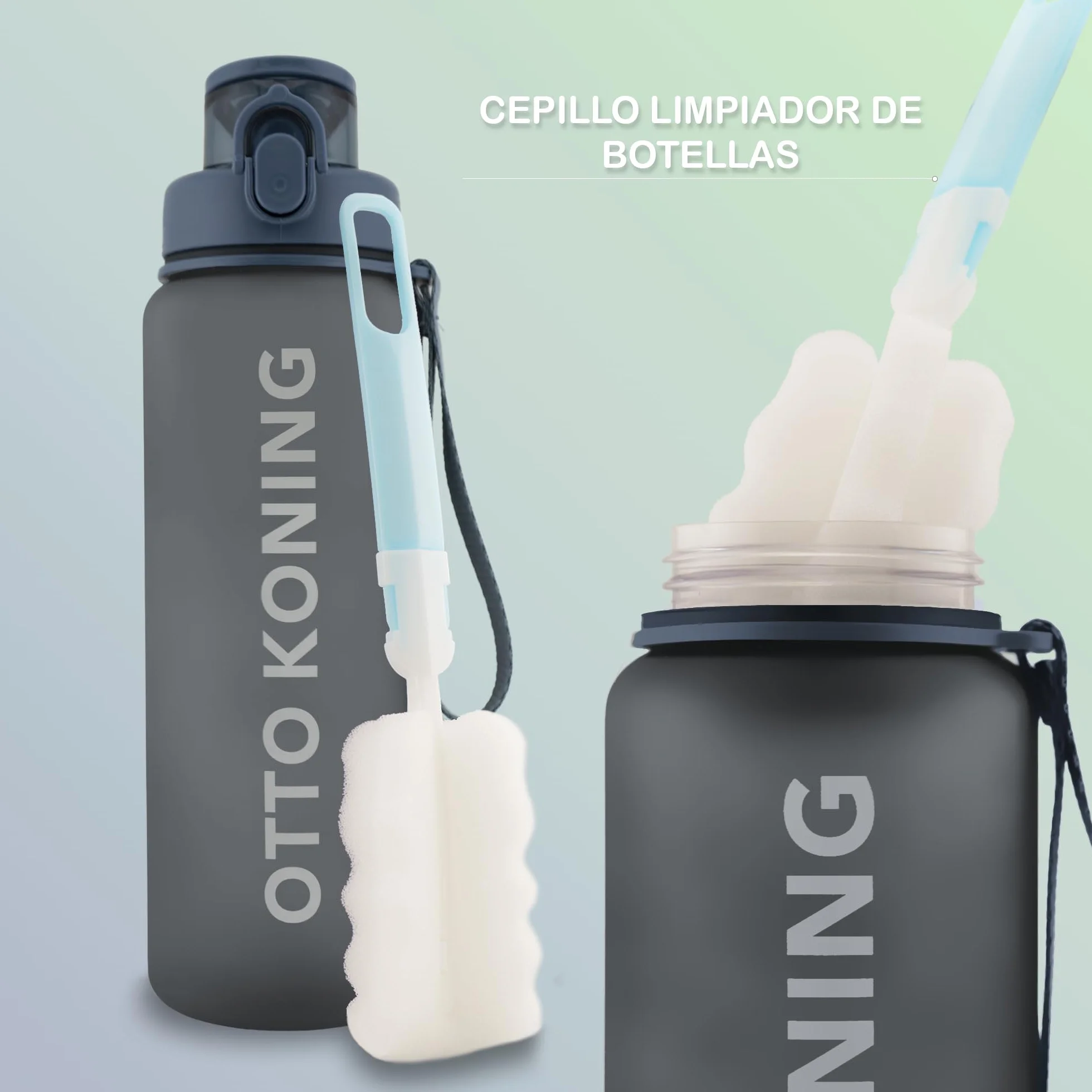 Otto Koning Botella Agua 1L Deportiva Sin BPA Hermética Boca Ancha Correa Resistente Reutilizable