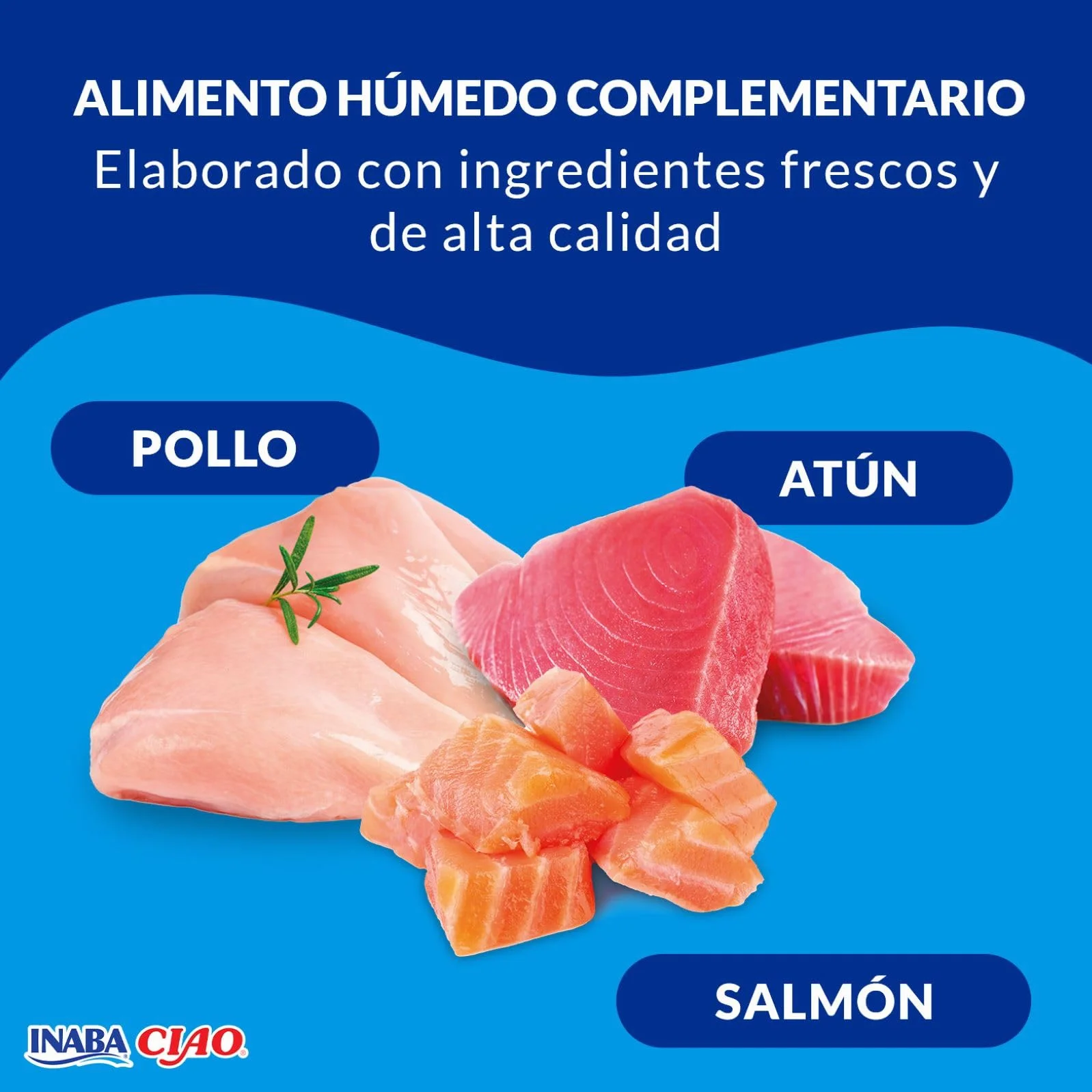 INABA Ciao Broth Gatos - Receta Saludable de Caldo de Pollo, 3 Sabores Diferentes - Comida Húmeda con Tiras de Pollo, Salmón y Atún - Natural, sin Cereales - 960g (24 Sobres x 40g)