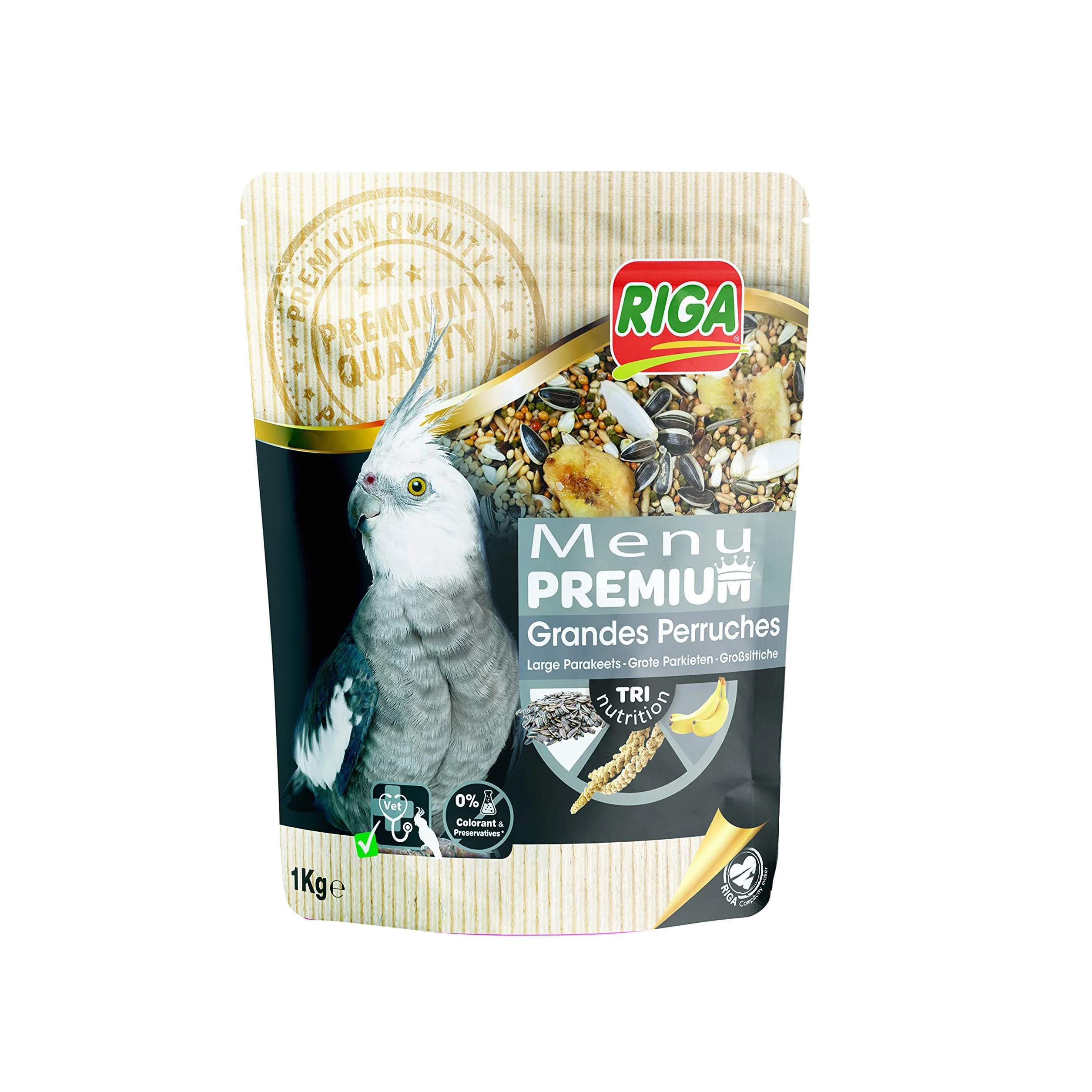Riga - Menú Premium para Cotorras - Mezcla de Semillas, Cereales y Proteínas Vegetales - Concepto Tri-Nutricional - Ayuda al Funcionamiento Intestinal Óptimo - 1 kg