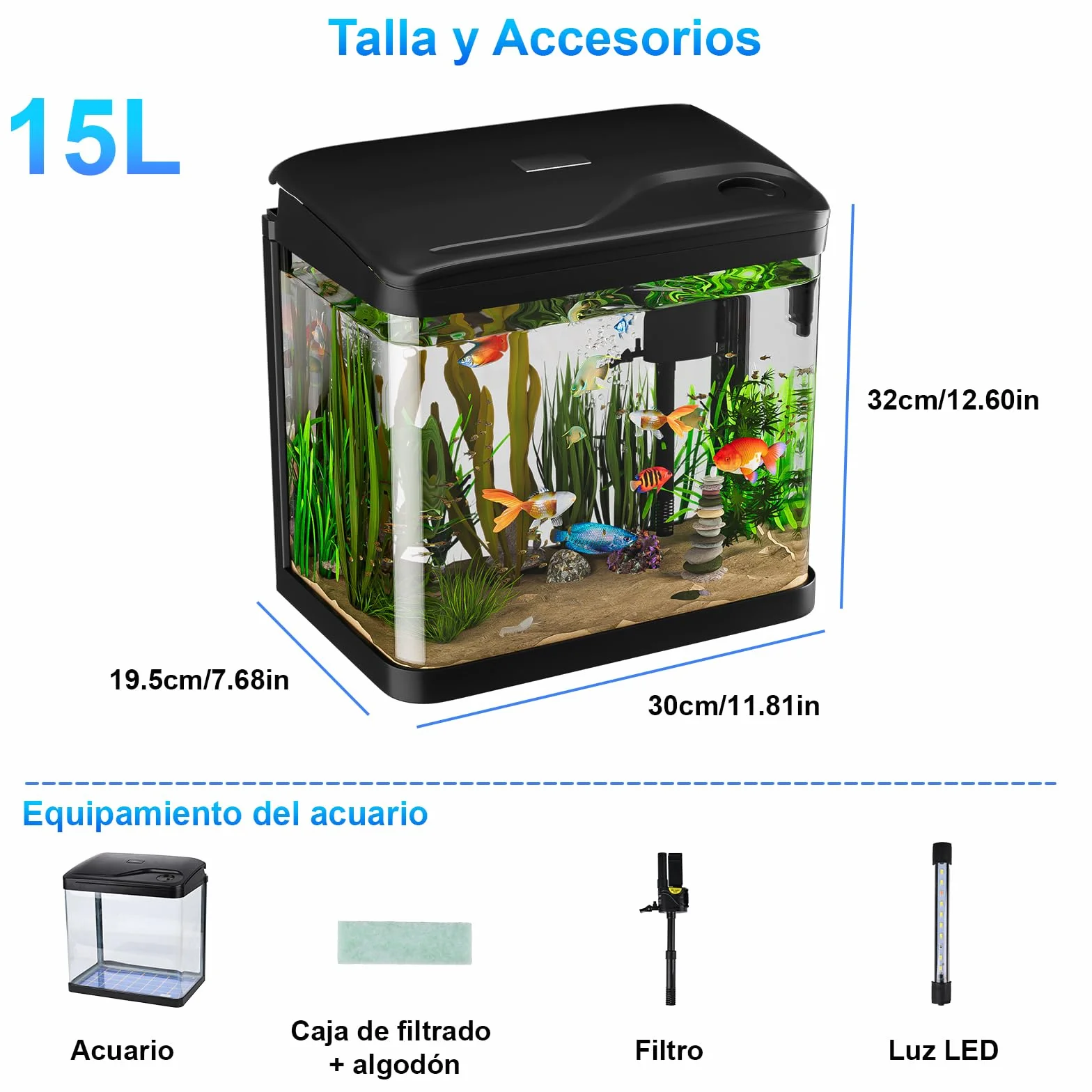 15L Acuario de Cristal Acuarios y Peceras Completas,con Sistema de Filtrado Integrado e Iluminación LED,Acuarios de Iniciación, Negro