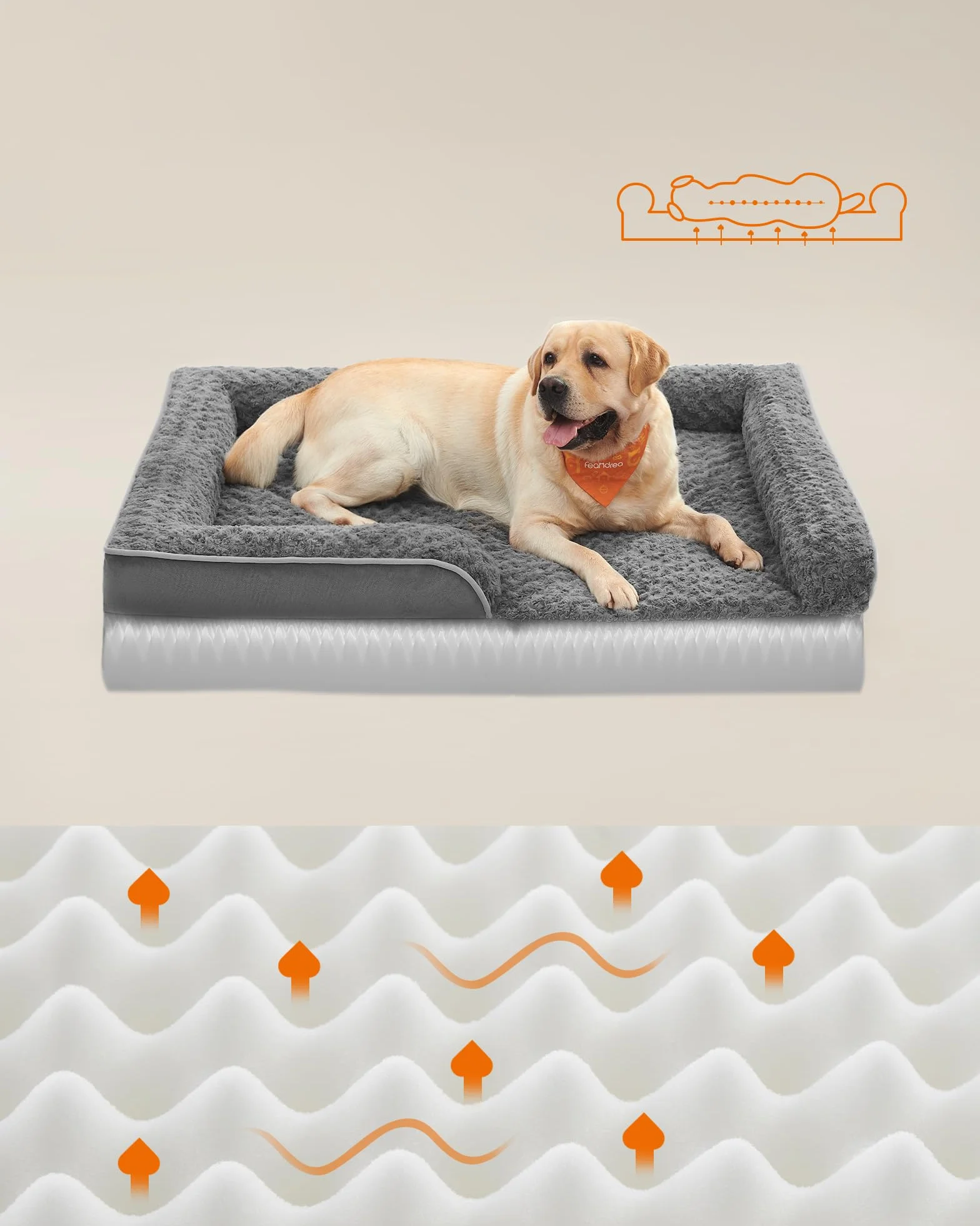 Feandrea Cama Perro Grande, Caseta para Mascotas, Ortopédica con Espuma Corrugada, Bordes Elevados Acolchados, Funda Extraíble Motivo Rosa Peluche, 122 x 89 x 18 cm, Gris Pizarra PGW254G02