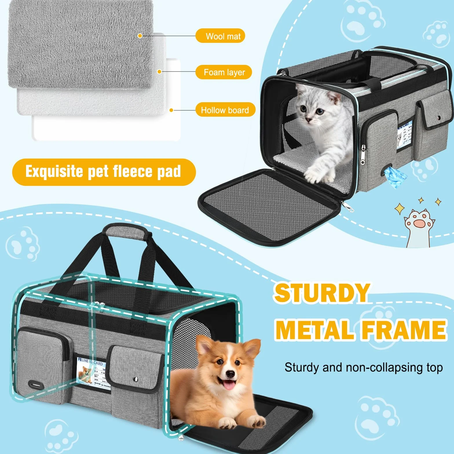 TEUEN Transportín Plegable Aprobado por Aerolíneas - Bolsa Viaje para Gatos y Perros hasta 9kg, 4 Lados de Malla, Tejido Antiarrañazos con Cojín Lavable y Correa de Seguridad
