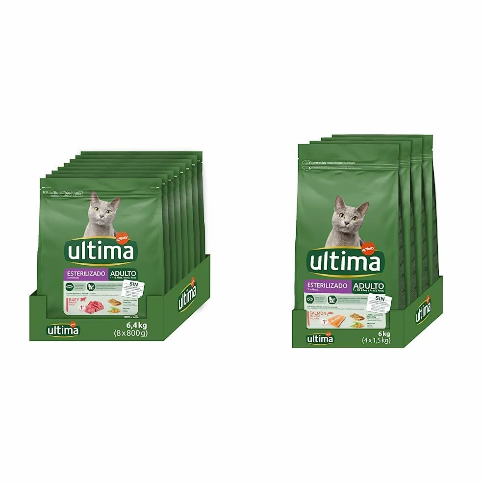 ultima Pienso para Gatos Esterilizados Adultos con Buey, Pack de 8 x 800g - Total: 6.4kg & Pienso para Gatos Esterilizados Adultos con Salmón 4 x 1.5 kg