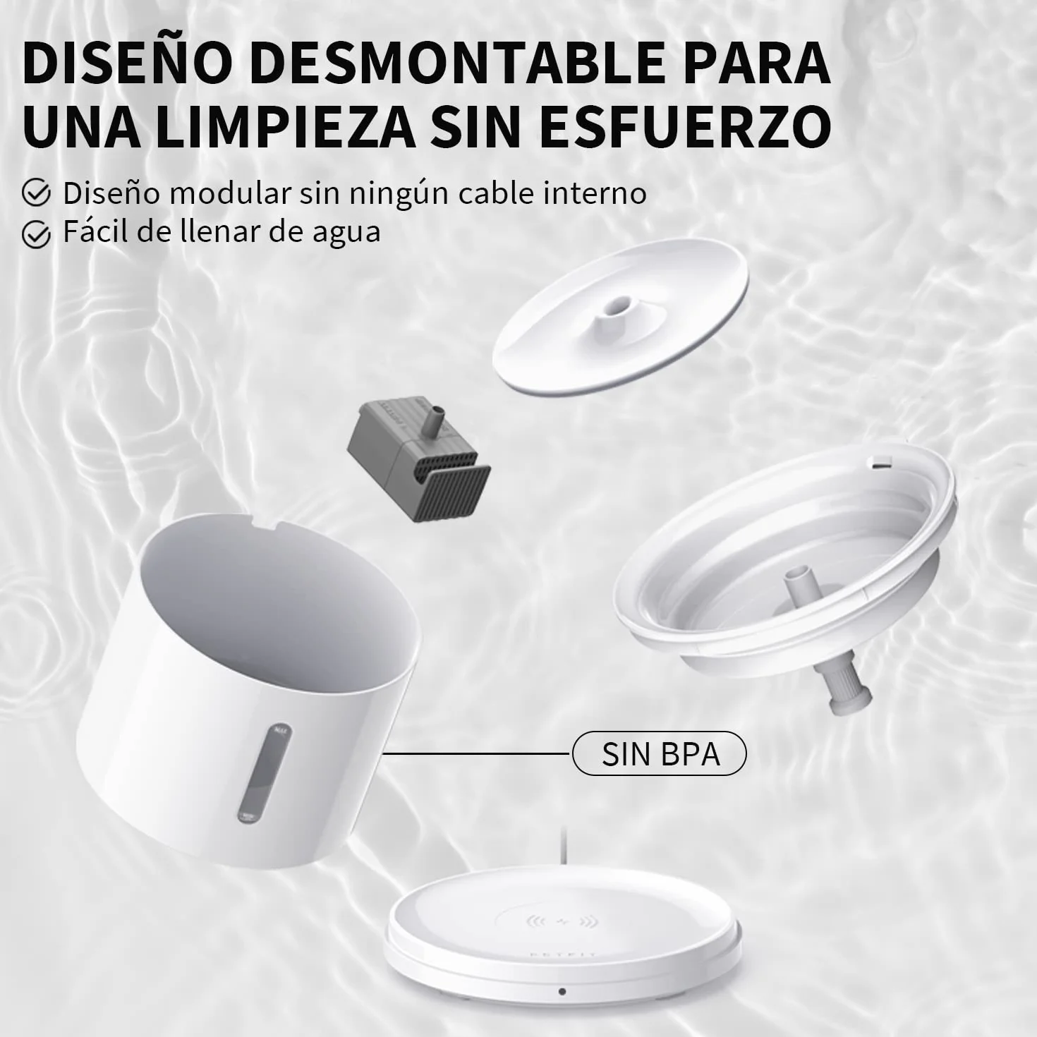 PETKIT EVERSWEET Fuente para Gatos 2L, Bomba Inalámbrica, Control de App, Bebedero Gatos Automatico, Ultrasilencioso, 3 Flujos de Agua, Filtro Triple, Ventana de Nivel de Agua, Luz Led