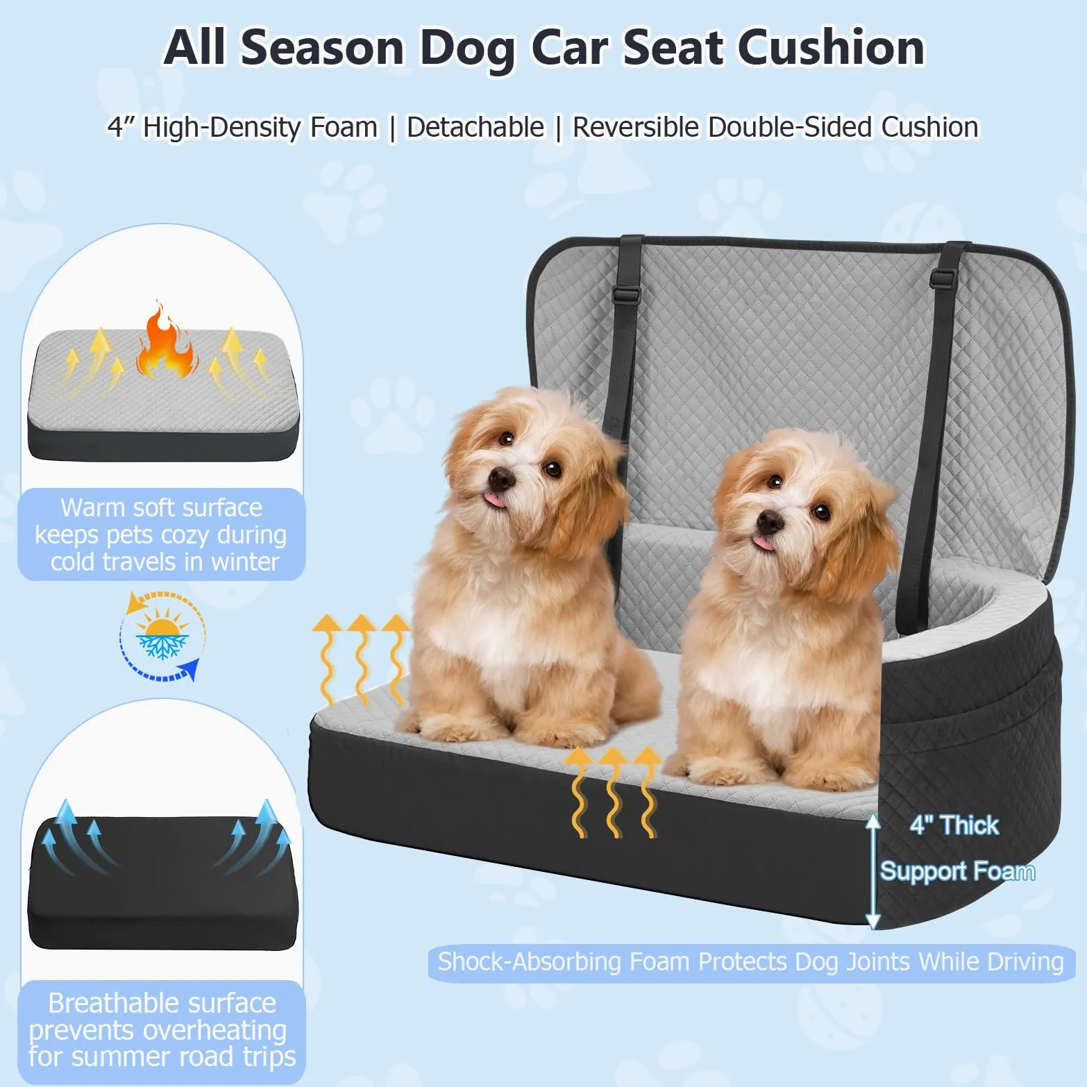 Asiento de coche para perros grandes de hasta 60 libras o 2 perros pequeños con espuma viscoelástica de 4 pulgadas, asiento trasero mediano para mascotas con cinturones de seguridad triples, correas