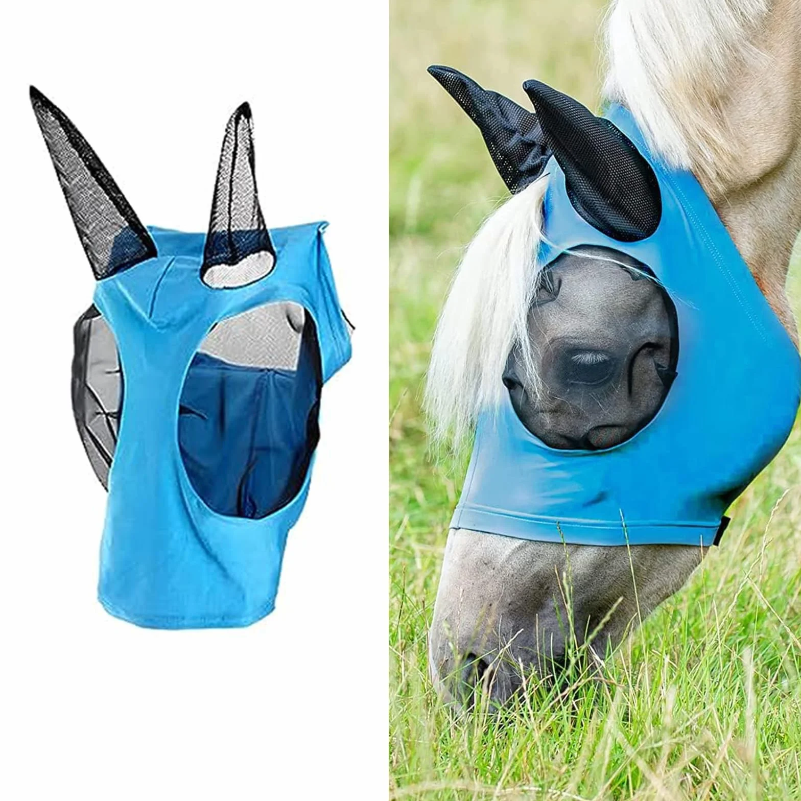 Máscara de Mosca de Caballo, Máscara Antimoscas para Caballo, Máscara de Mosca con Malla Transpirable, Anti-UV, Antimosquitos, Insectos, Máscara de Freno Elástica (Azul)