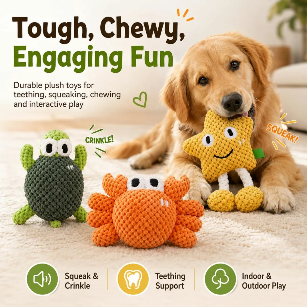 Juguetes con Sonido para Perros, Juego Interactivo de Enriquecimiento y Dentición, Juguetes Masticables Resistentes para Cachorros, Perros Medianos y Grandes, Peluches con Algodón y Sonido Crinkle (G)