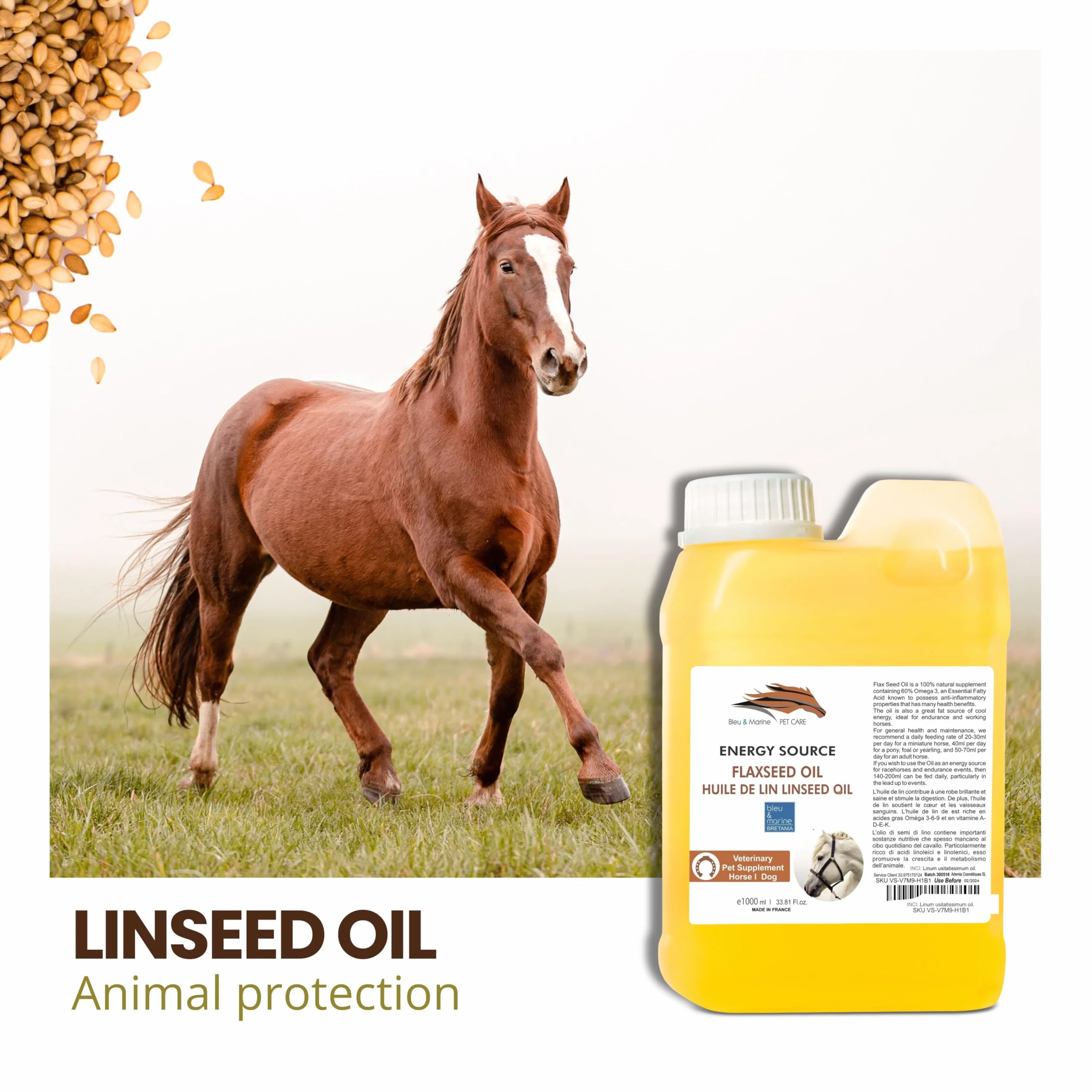 Aceite de Linaza, Energizante Natural, Mejora Pelo y Piel Animal, Crecimiento Saludable, Rico en Omega 3, 5000 ml