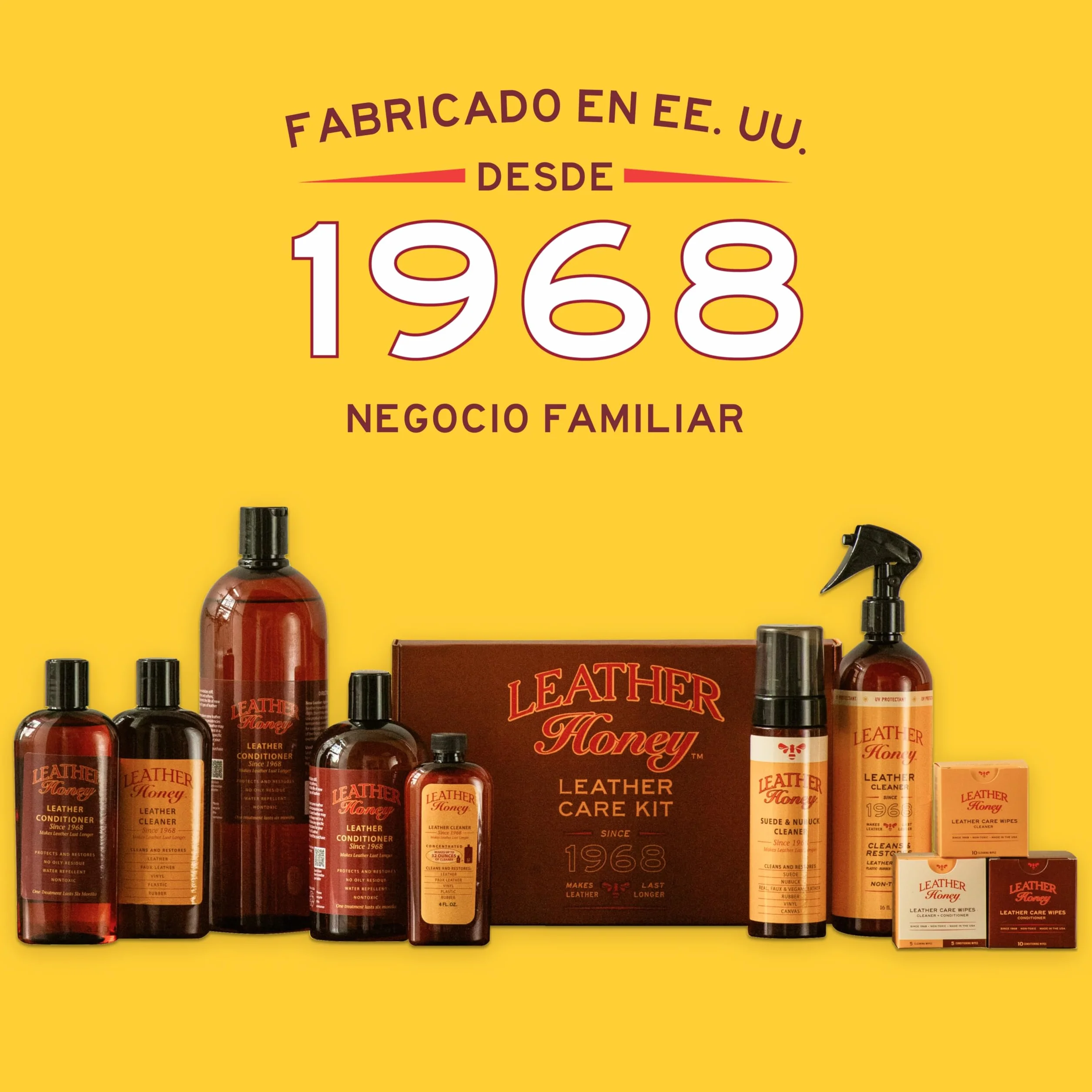 Spray limpiador Leather Honey: protector UV, no tóxico y fabricado en EE. UU. desde 1968. Limpia y protege cuero, imitación y vinilos, coches, bolsos, zapatos, etc. Seguro para cualquier color.