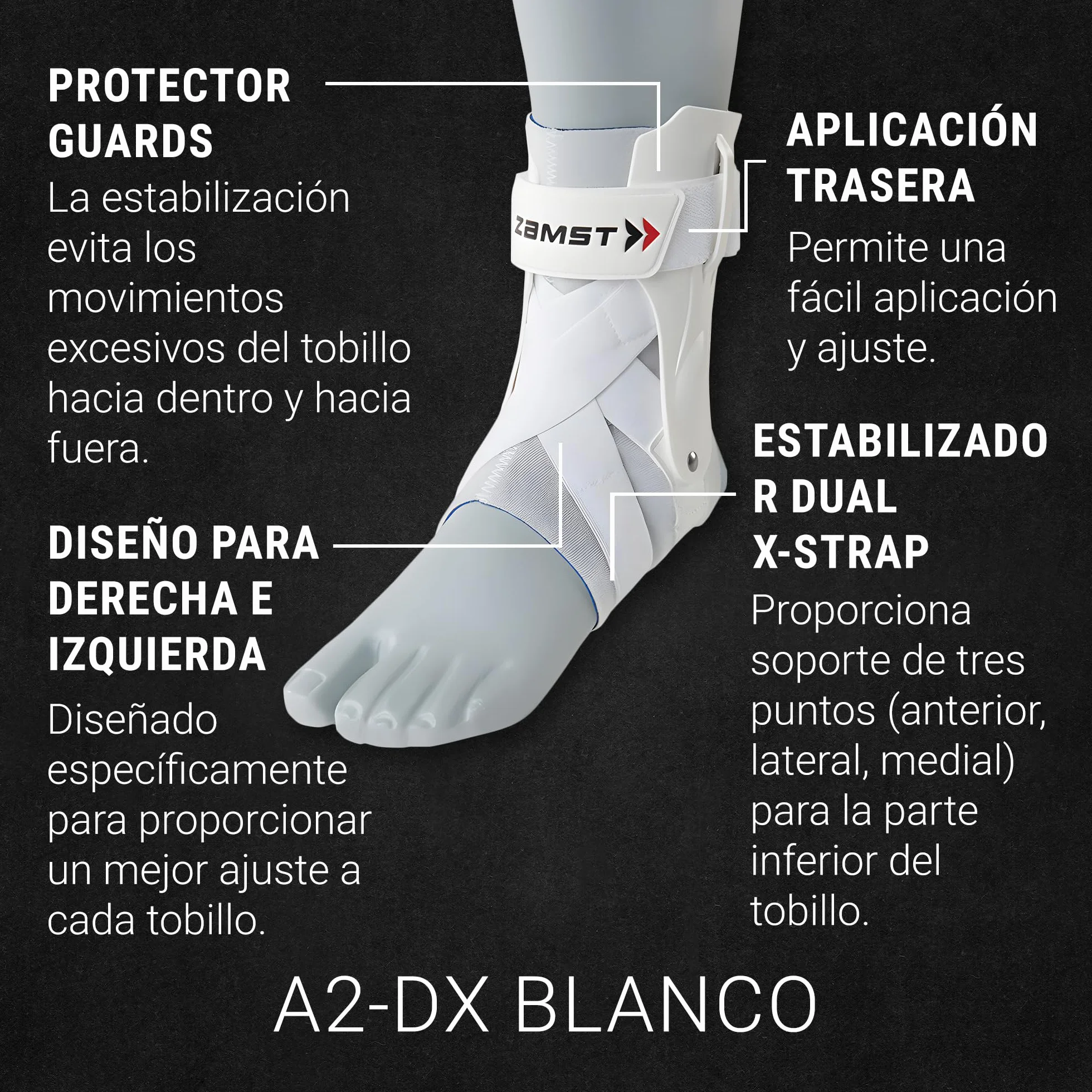 Zamst A2-DX Tobillera Deportiva Transpirable Protección Esguince Tobillo Alto Grado Derecha L