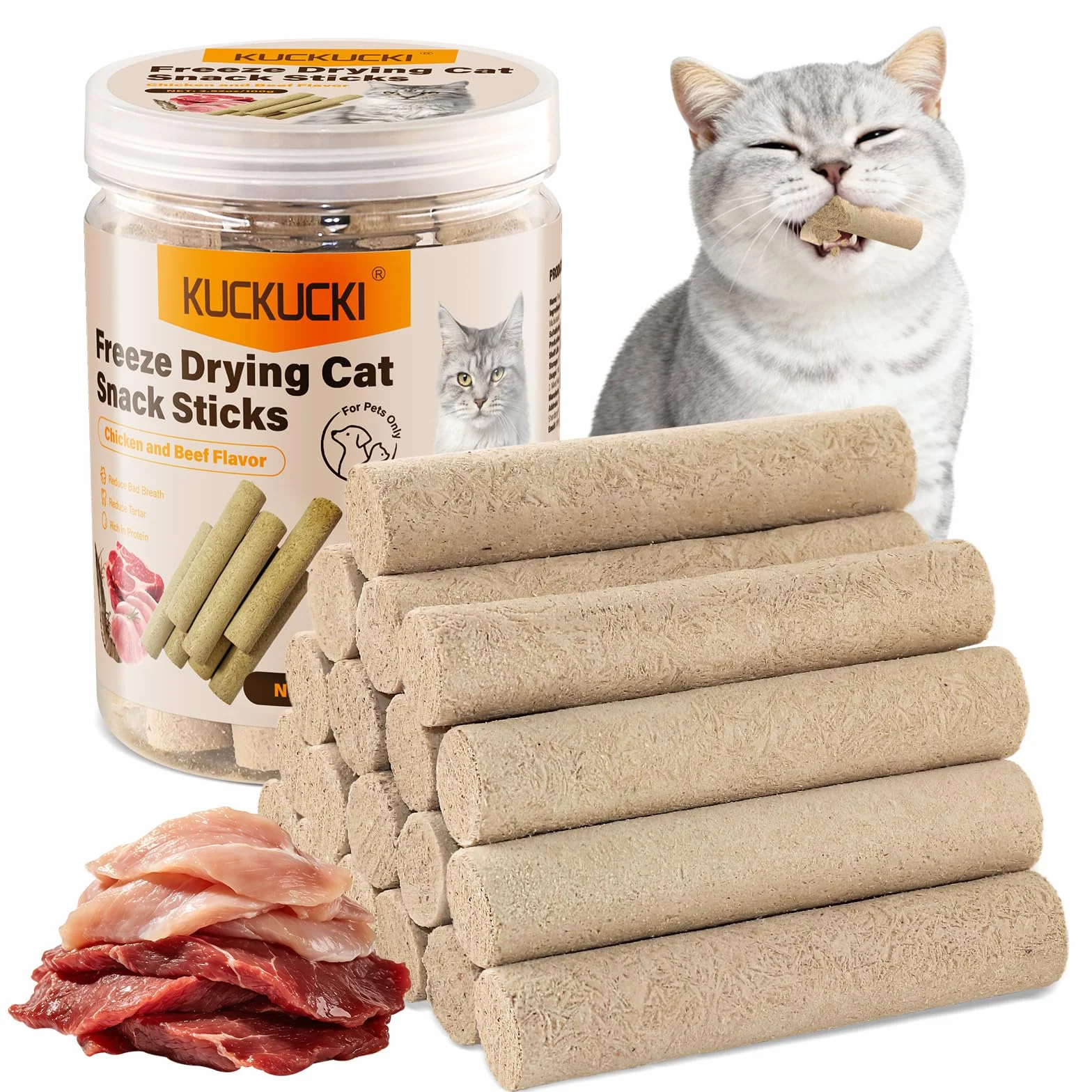 Snack Liofilizado de Pollo para Gatos, Carne de Vacuno Crujientes Snack para Gato Perros, Golosinas para Gatos Icas en Proteínas