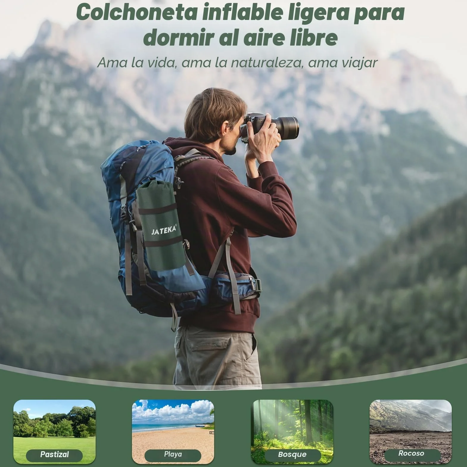 JATEKA Esterilla Camping Inflable Autoinflable Individual con Bomba de Pie y Almohada