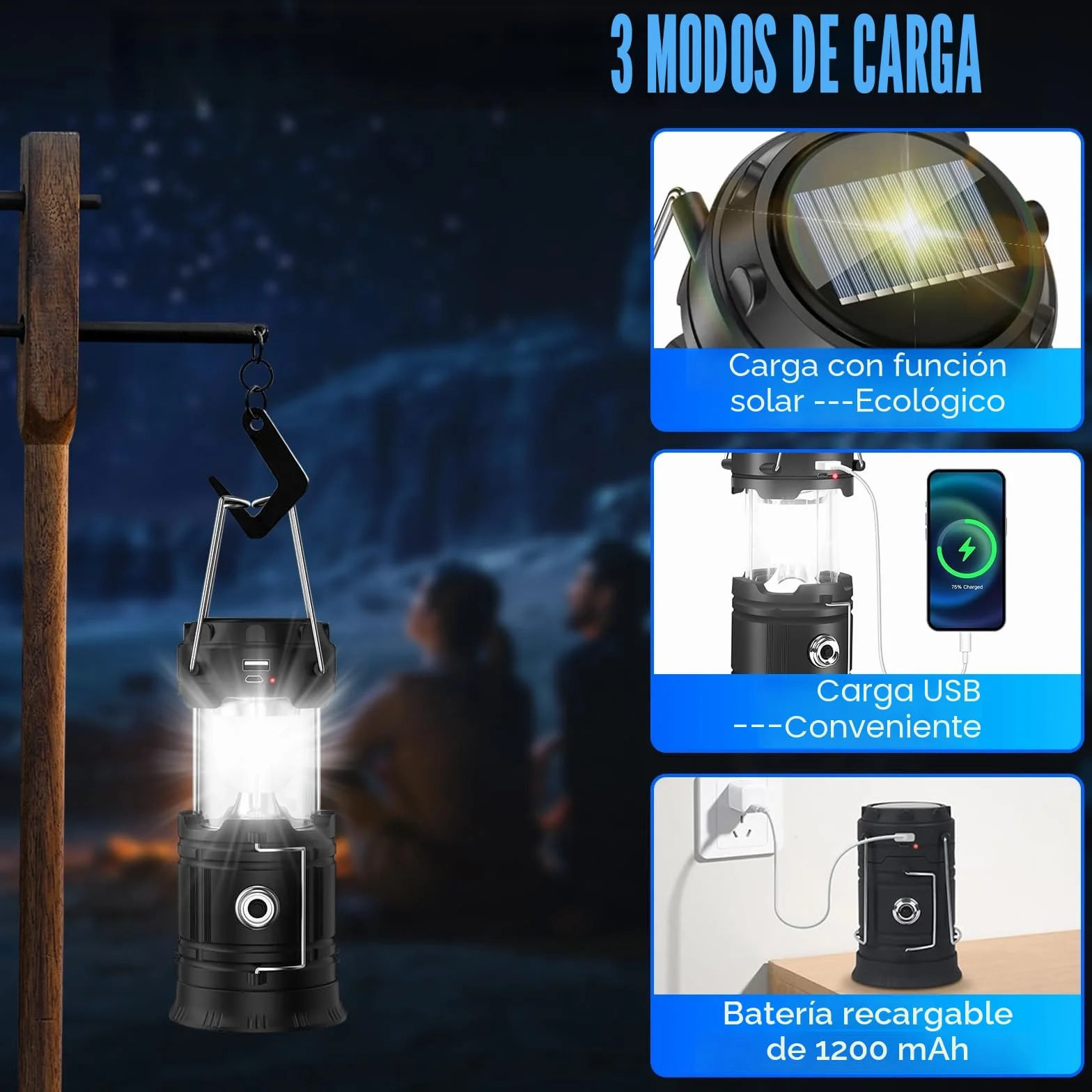 Linterna Camping Solar LED Plegable Impermeable con Gancho, Luz para Acampar, Negro