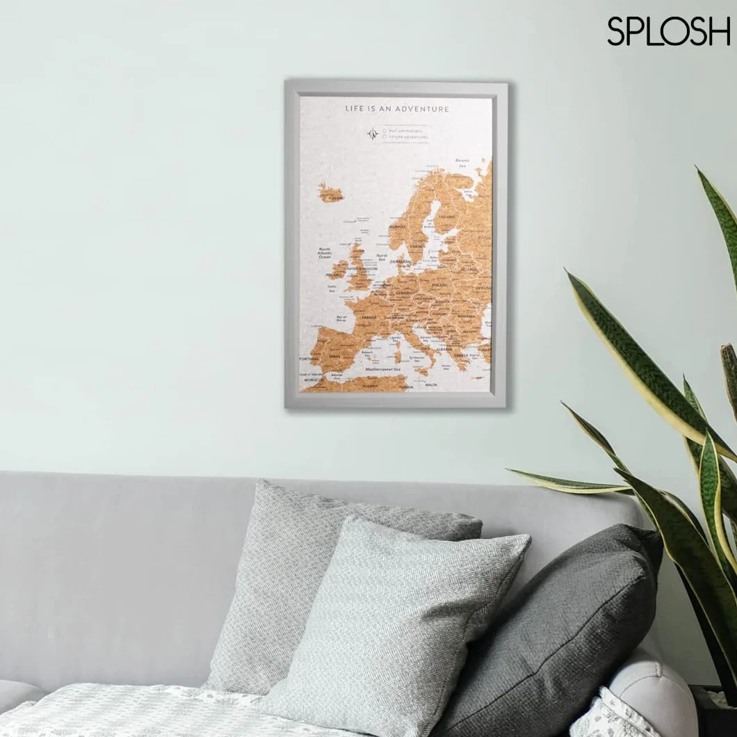 Splosh Tablero de Chinchetas de Viaje Pequeño Europa Marco de Madera Gris 100 Chinchetas