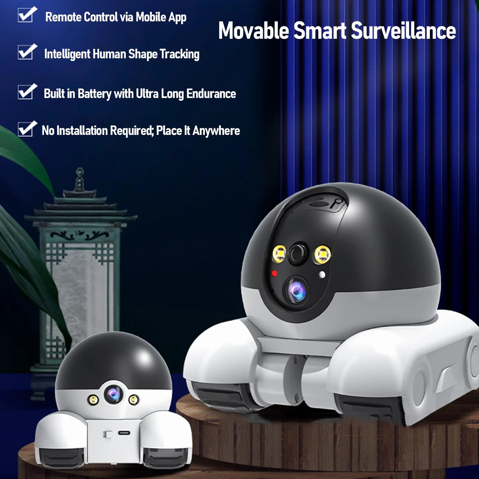 Tangxi Robot de Cámara de Mascotas, Cámara de Seguridad para el Hogar sobre Ruedas, Monitor Móvil de Doble Lente de Lente de 1080p, Control de Aplicaciones de Conversación y WiFi de 2