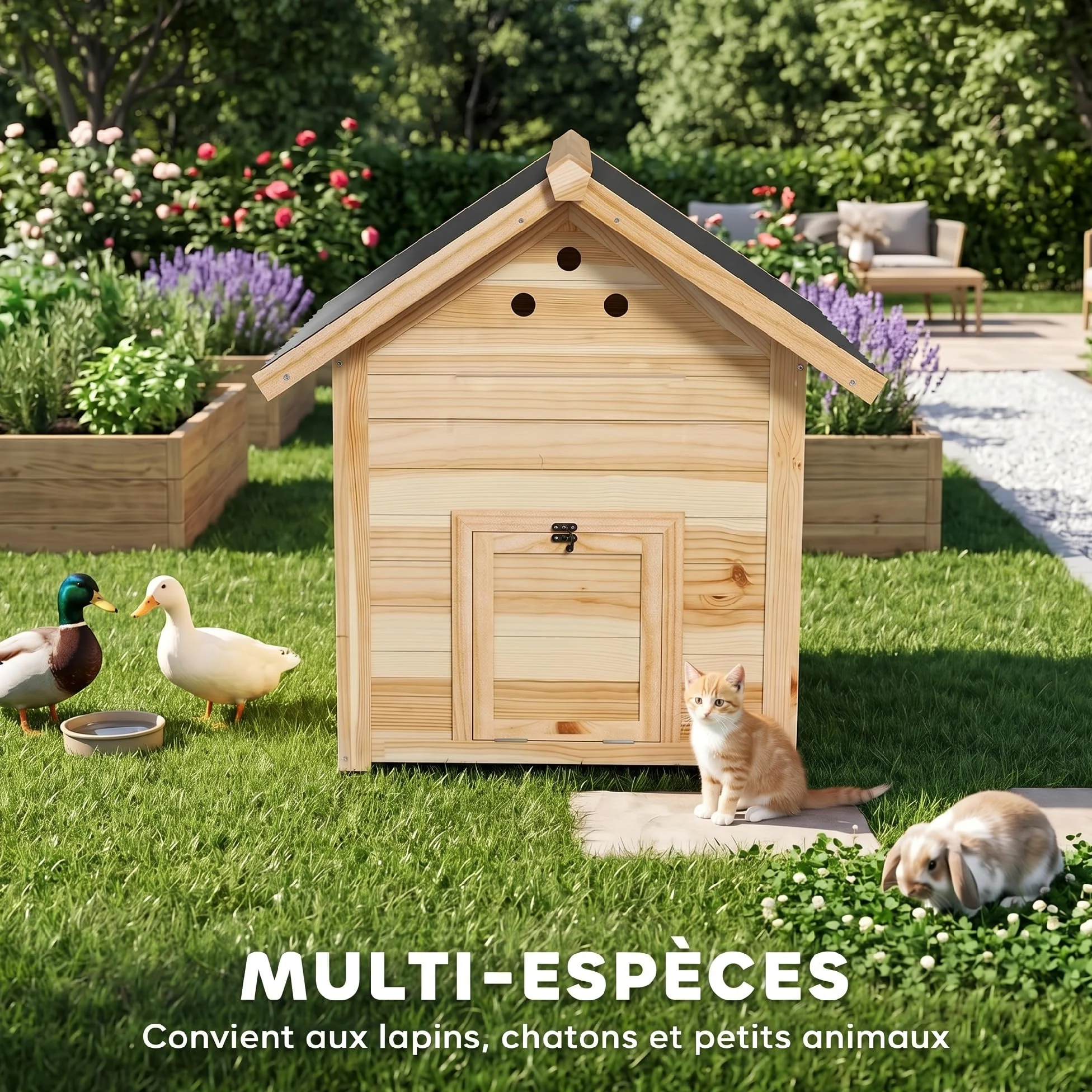 PawHut - Caseta para patos de madera, techo impermeable, 78 x 90 x 92 cm, madera natural | Para Patos y Gansos, Ventilación, Base Desmontable, Puerta Lateral, Gallinero
