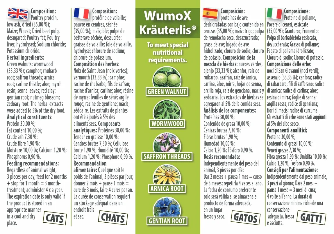 WumoX Herblis para Gatos | Trata con extractos de Hierbas | nutrición Natural para Fortalecer el Medio intestinal | con vermut Real | Alternativa Natural