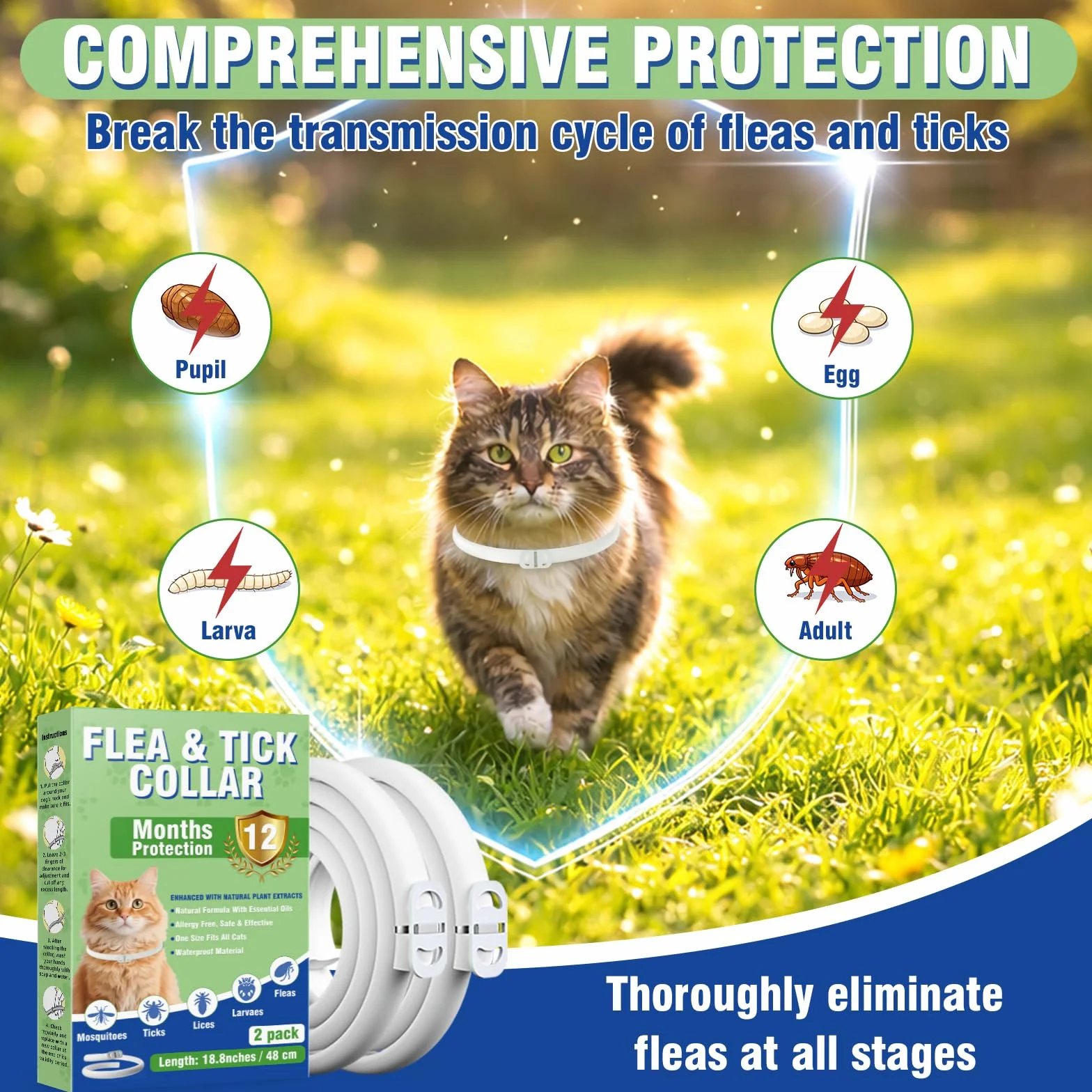 Inpumo Collar Antiparasitario para Gatos, Collar Antipulgas y Garrapatas Ajustable, Gregado con Aceites Naturales, Impermeable, Apto para Todos Los Gatos,12 Meses de Protección (1 Pack)