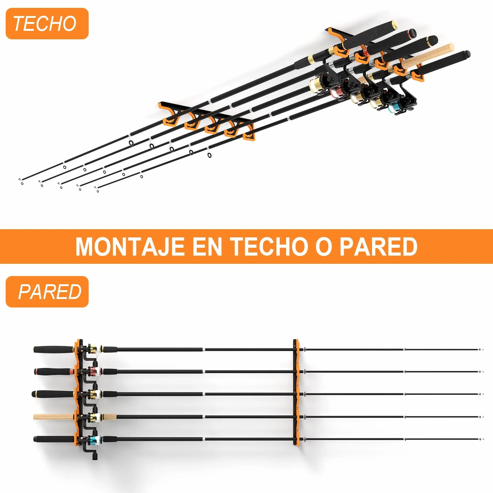 Soporte Cañas Pescar Pared Techo, Organizador Horizontal 5 Cañas, Porta Cañas Pescar Garage Goma PU, Estante Antiarañazos Negro Amarillo