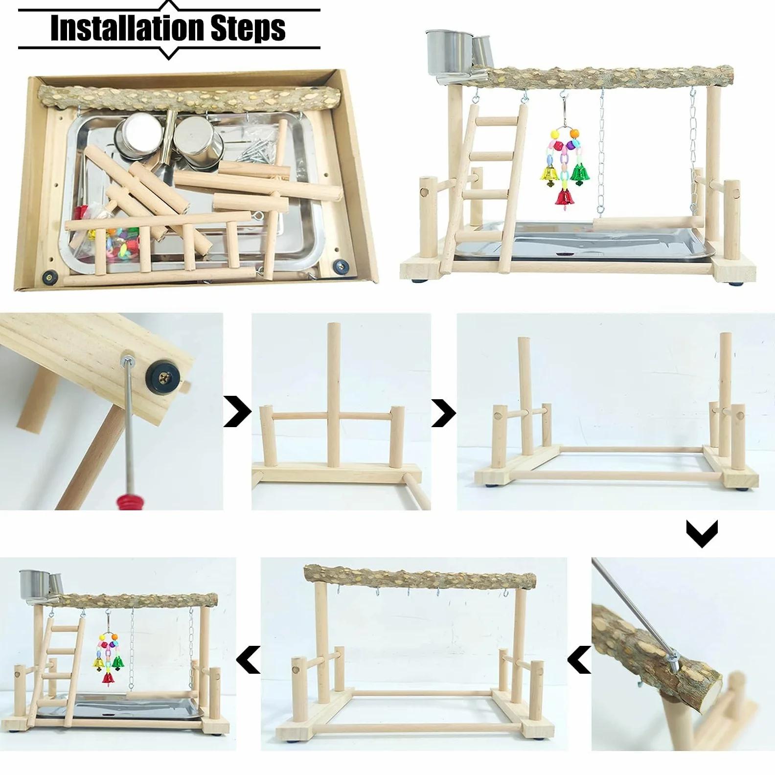 PINVNBY Parque de Juegos para pájaros, Soporte de Madera para Loros, Soporte de Madera para Ejercicio, para Gimnasio, Escalera con Tazas de comedero, Juguetes Colgantes para periquitos, Conure