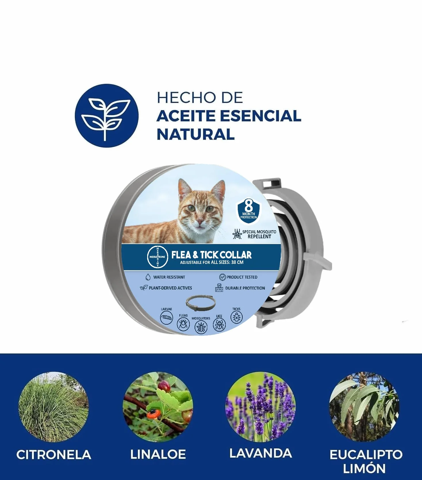 Collar Antiparasitario Gatos y Perros - Desparasitante Gatos Mosquitos, Pulgas y Garrapatas - Collar Antipulgas Gato, Desparasitacion Gato -38cm Ajustable, 8 Meses, Repelente Vegetal, Impermeable