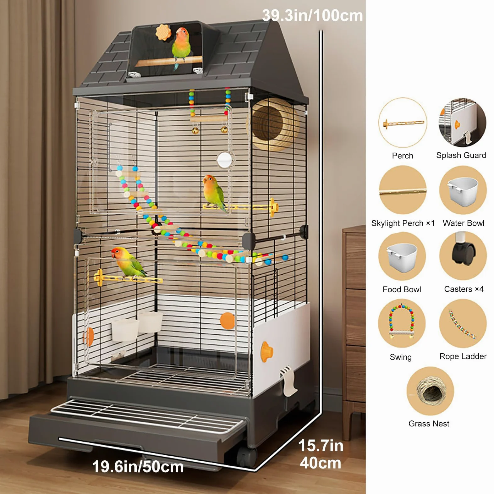 Jaula para Pájaros Moderna con Vista Panorámica 98cm, Aviario Interior con Bandeja Extraíble para Periquitos, Cacatúas, Canarios, Agapornis y Aves Pequeñas Black