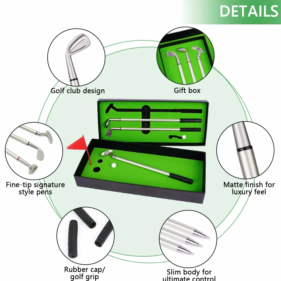 Golf Pen Set with Flag, Mini Golf Club Pen, 3 Pen Holders, 4 Balls, 9 Refills
