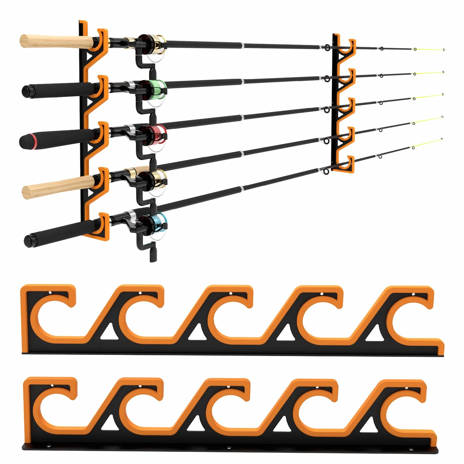 Soporte Cañas Pescar Pared Techo, Organizador Horizontal 5 Cañas, Porta Cañas Pescar Garage Goma PU, Estante Antiarañazos Negro Amarillo