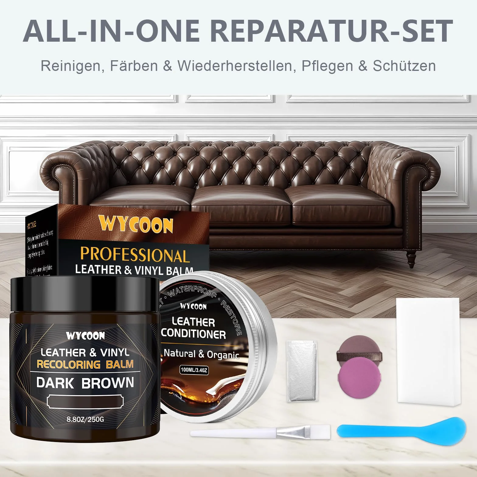 Reparador y Cuidado de Cuero Marrón Medio - Pintura, Tinte y Bálsamo Nutritivo para Sofás, Muebles, Asientos de Coche | Restauración Profunda de Cuero Rayado, Desvanecido y Deshidratado