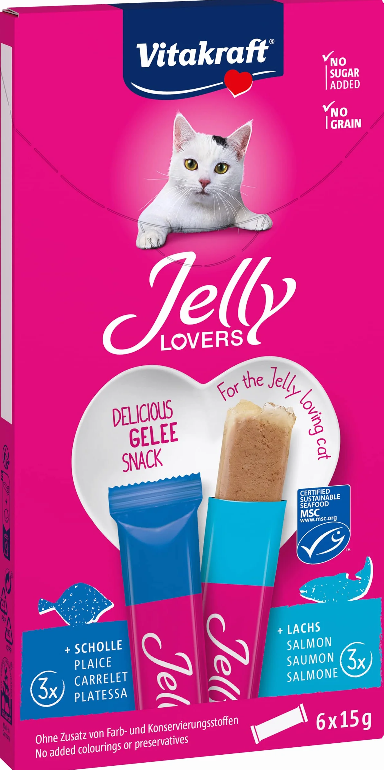 Vitakraft Jelly Lovers, golosinas para Gatos, Snack de gelatina para Gatos con salmón y solla, palitos Individuales, sin azúcar añadido (1 Paquete de 6X 15g)