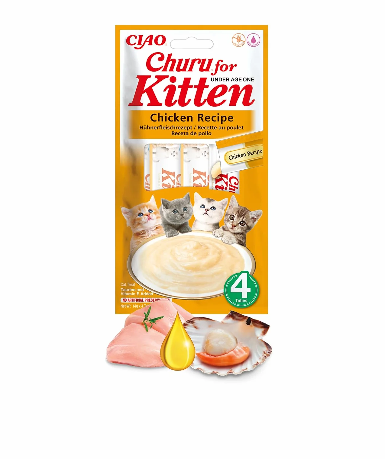 INABA Churu Kitten Gatos - Receta de Pollo - Golosinas Saludables y Naturales para Gatitos Jóvenes Menores de 12 Meses - Alto Contenido en Humedad, Textura Suave y Deliciosa - 56g (4x14g)
