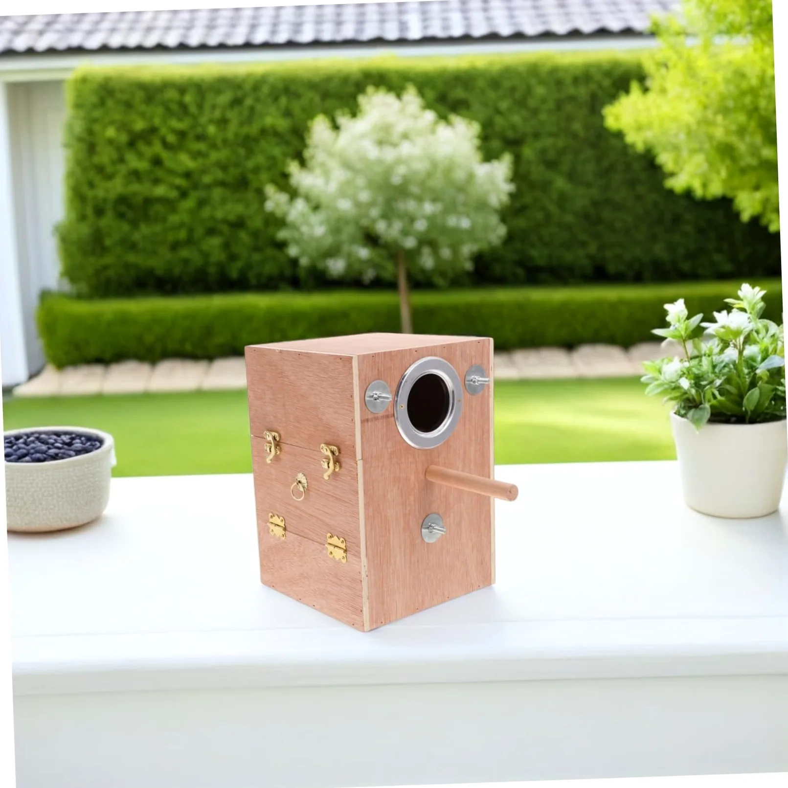 NOLITOY Caja Nido de Madera para Periquitos con Soporte Perchero Colgante Exterior Refugio de Cría Seguro y para Agapornis y Cacatúas Diseño Ahorrador de para Jaulas
