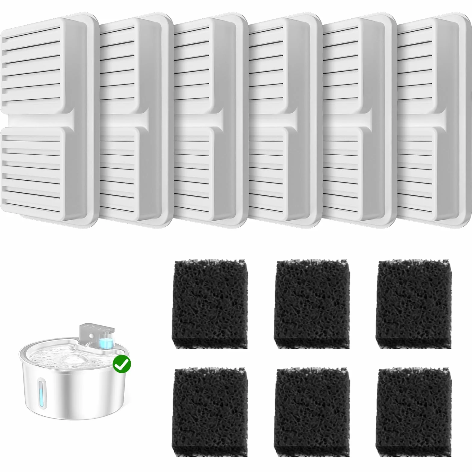 PawPoll Filtros de Fuente para Gatos sin Cable, 6 Filtros de Carbón y 6 Esponjas para 3,2 L Acero Inoxidable Fuente Gatos