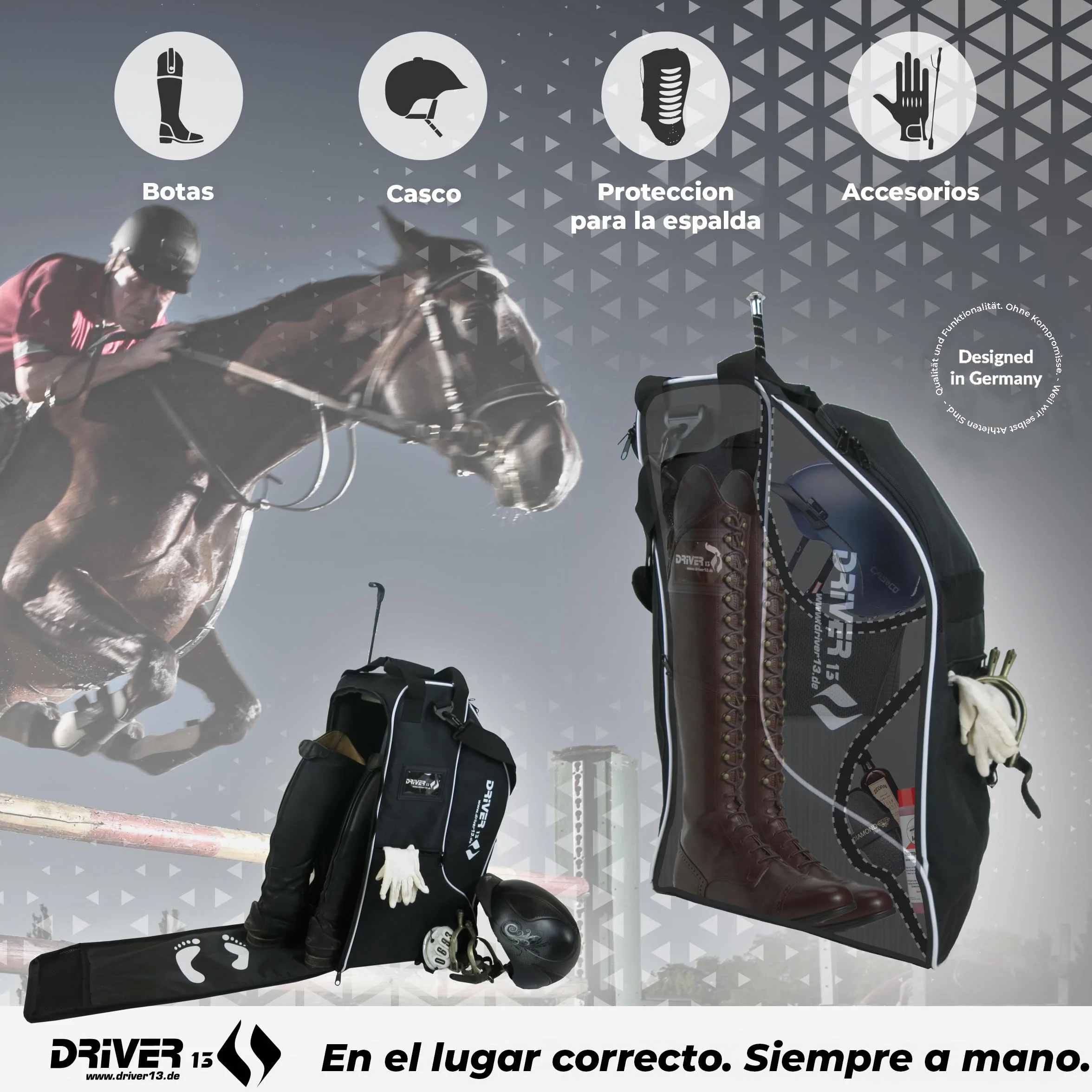 Driver13 Bolsa Deluxe para botas de equitación con compartimento para casco