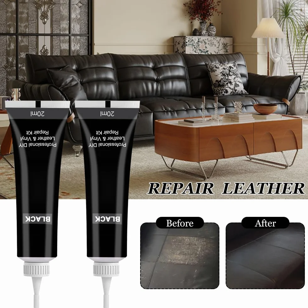 Crema de Reparación de Cuero, Kit de reparación de cuero de 2 piezas para reparar desgarros de muebles, sofá, chaqueta, asiento de barco, negro