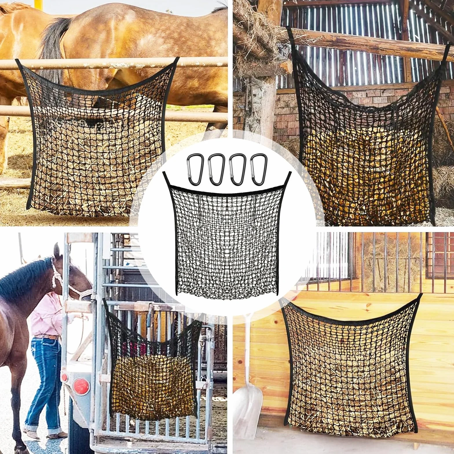2 Piezas Redes Heno Para Caballos, 90X80 Cm, Red De Heno Grande Para Granja Con 4 Ganchos A PresióN Red De Heno De Malla Fina Negra Para Caballos Ganado Y Ovejas
