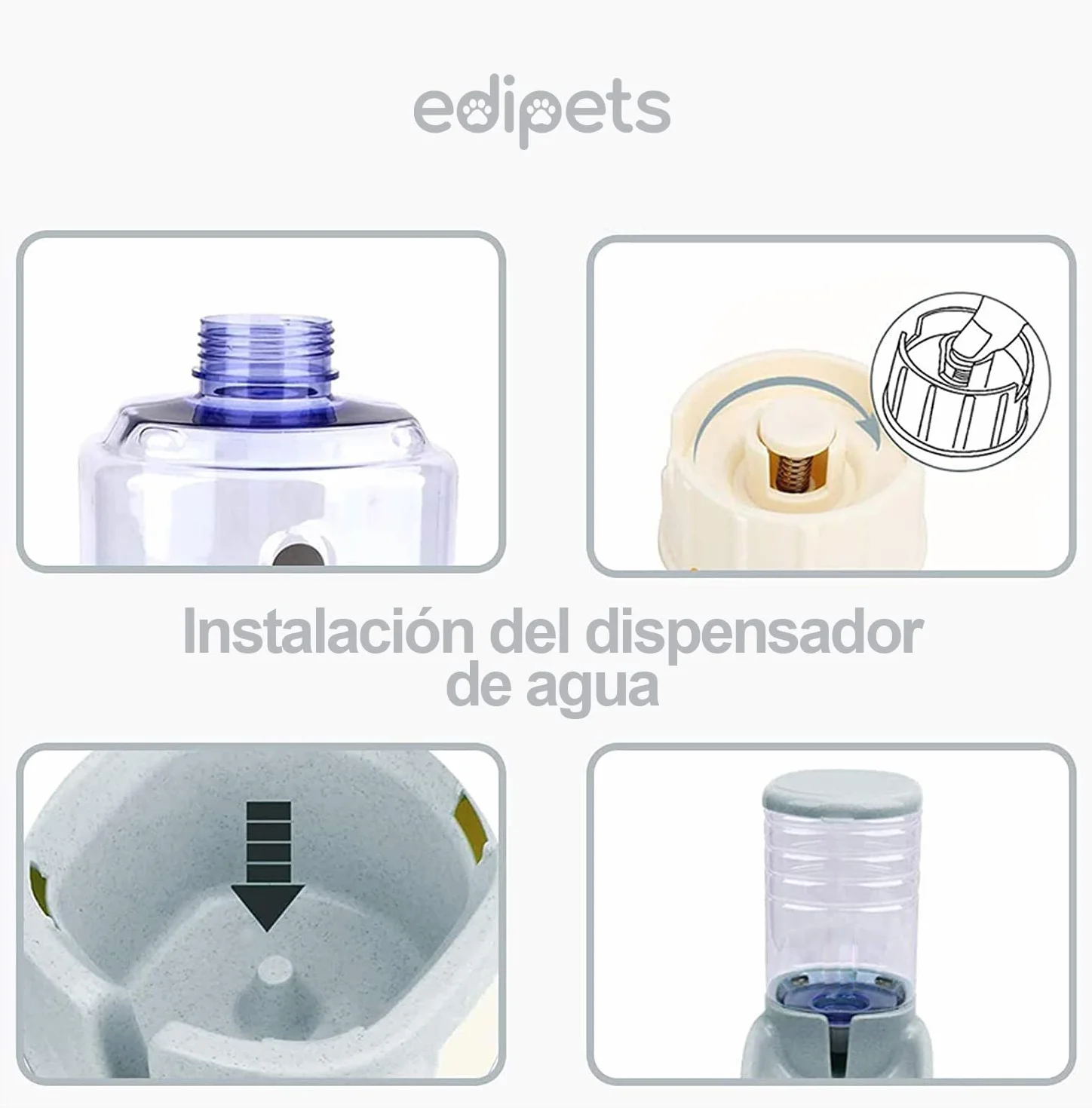 Edipets, Dispensador para Gatos y Perros, Comida y Agua, Pack 2 Unidades, Automático, 3.8 L c/u, Comedero, Alimentador y Bebedero para Mascotas (Gris)