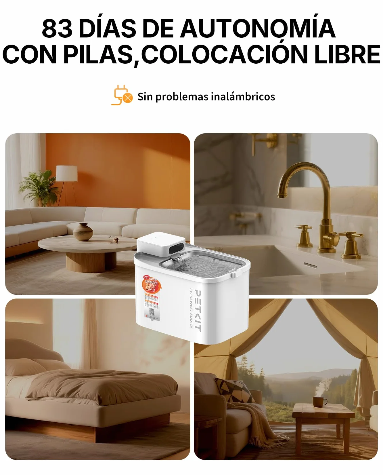 PETKIT EVERSWEET MAX 2 Fuente para Gatos sin Cable, Resistente al Calor, con Sensor de Movimiento, 5000mAh Batería Recargable, Control de App, 3L Bebedero Gatos Automático, Acero Inoxidable