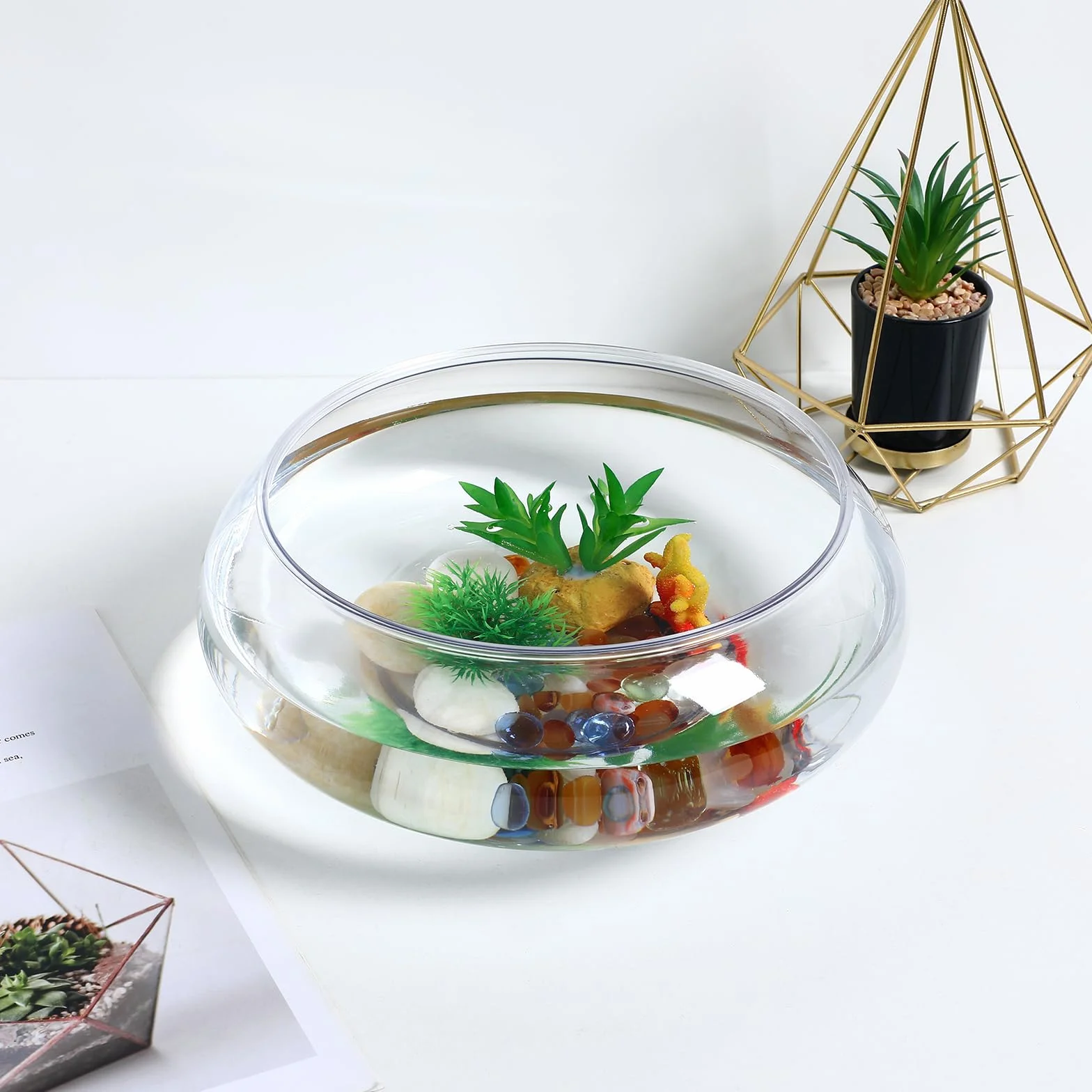 Happyyami Pecera de plástico Transparente Florero de Flores de Boca Ancha Terrario Redondo Tanque Betta de plástico pequeño Acuario hidropónico Jarrón Jardinera Pecera como