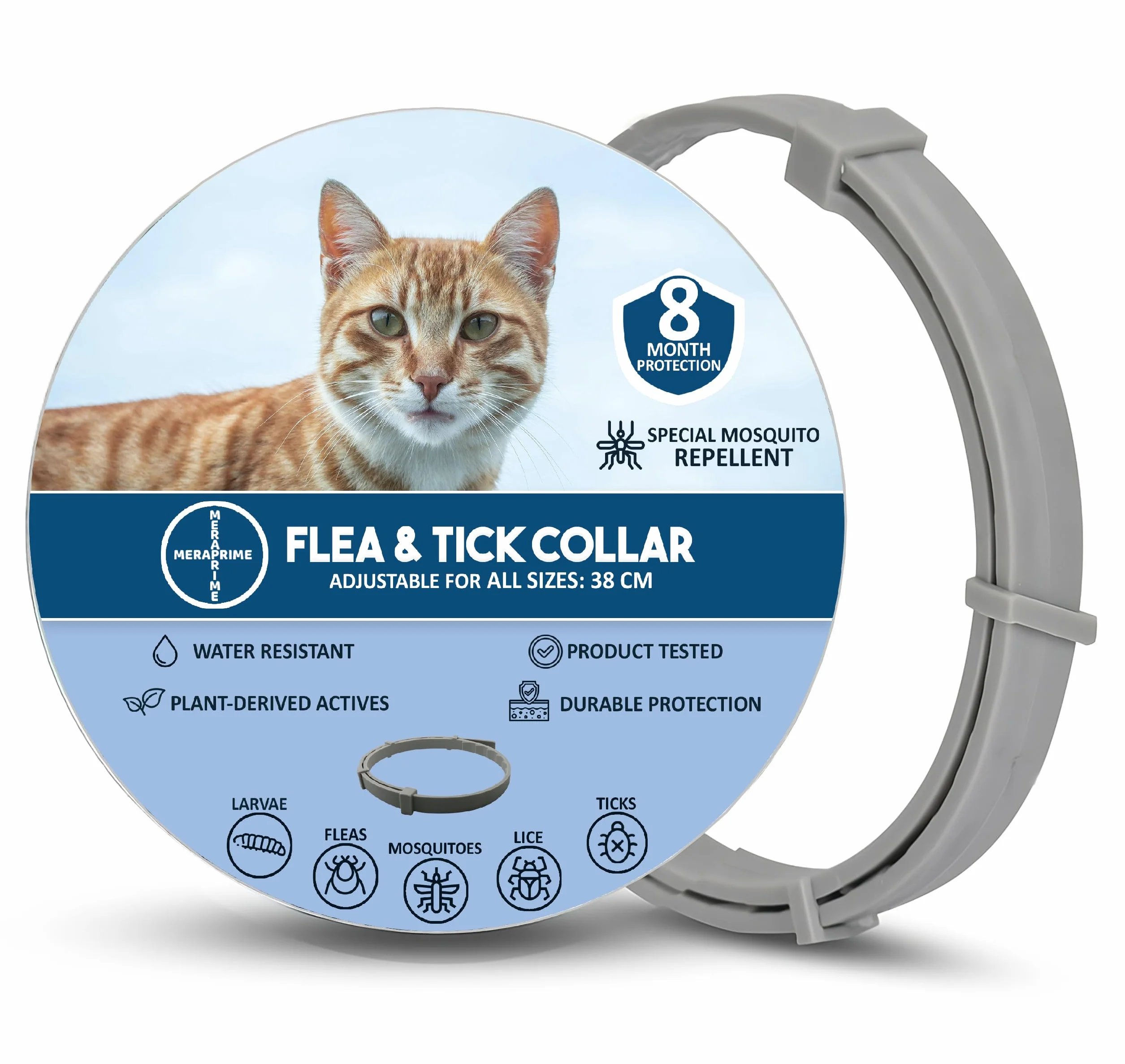 Collar Antiparasitario Gatos y Perros - Desparasitante Gatos Mosquitos, Pulgas y Garrapatas - Collar Antipulgas Gato, Desparasitacion Gato -38cm Ajustable, 8 Meses, Repelente Vegetal, Impermeable
