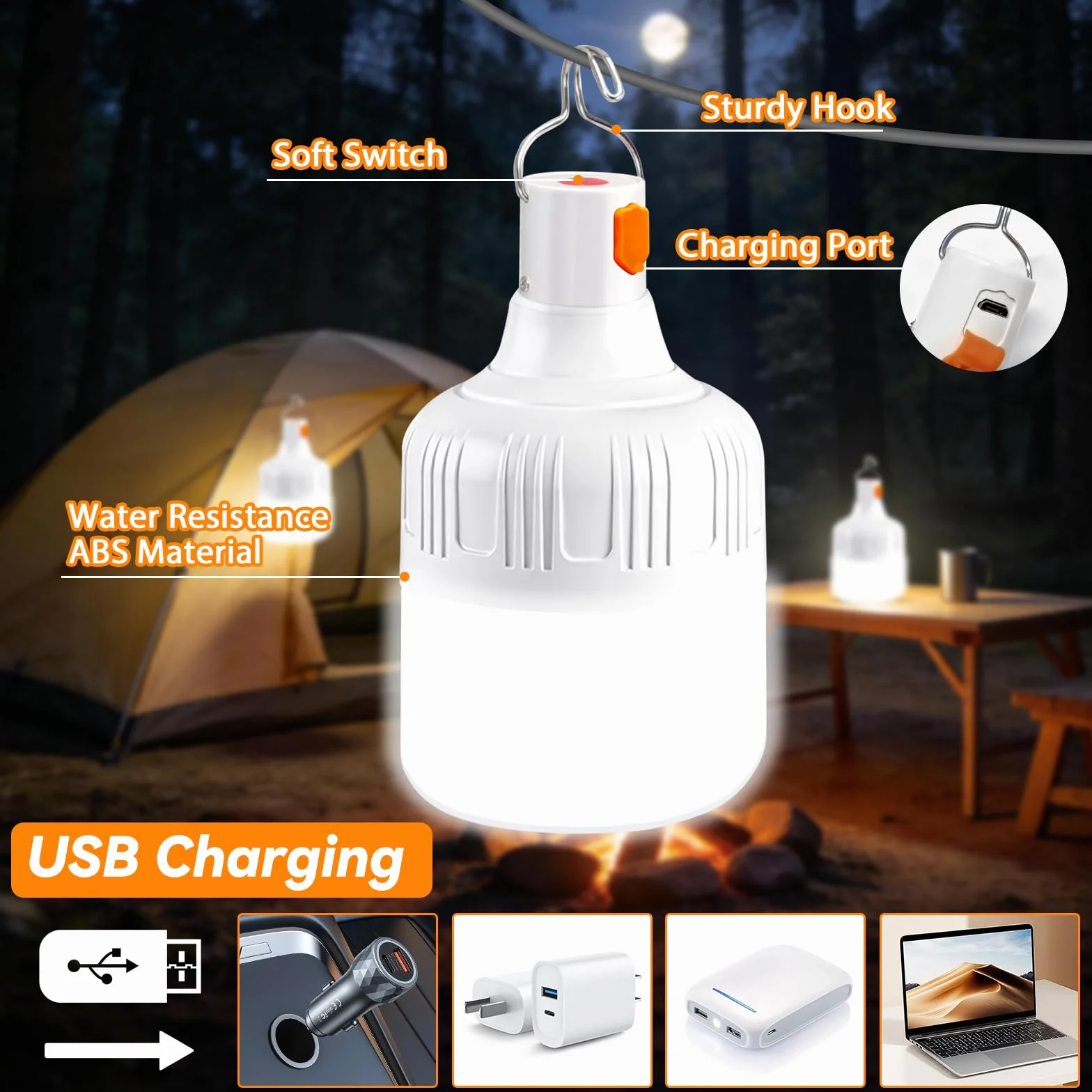 Lámpara Camping Recargable LED 500LM 3 Modos Impermeable Portátil con Gancho