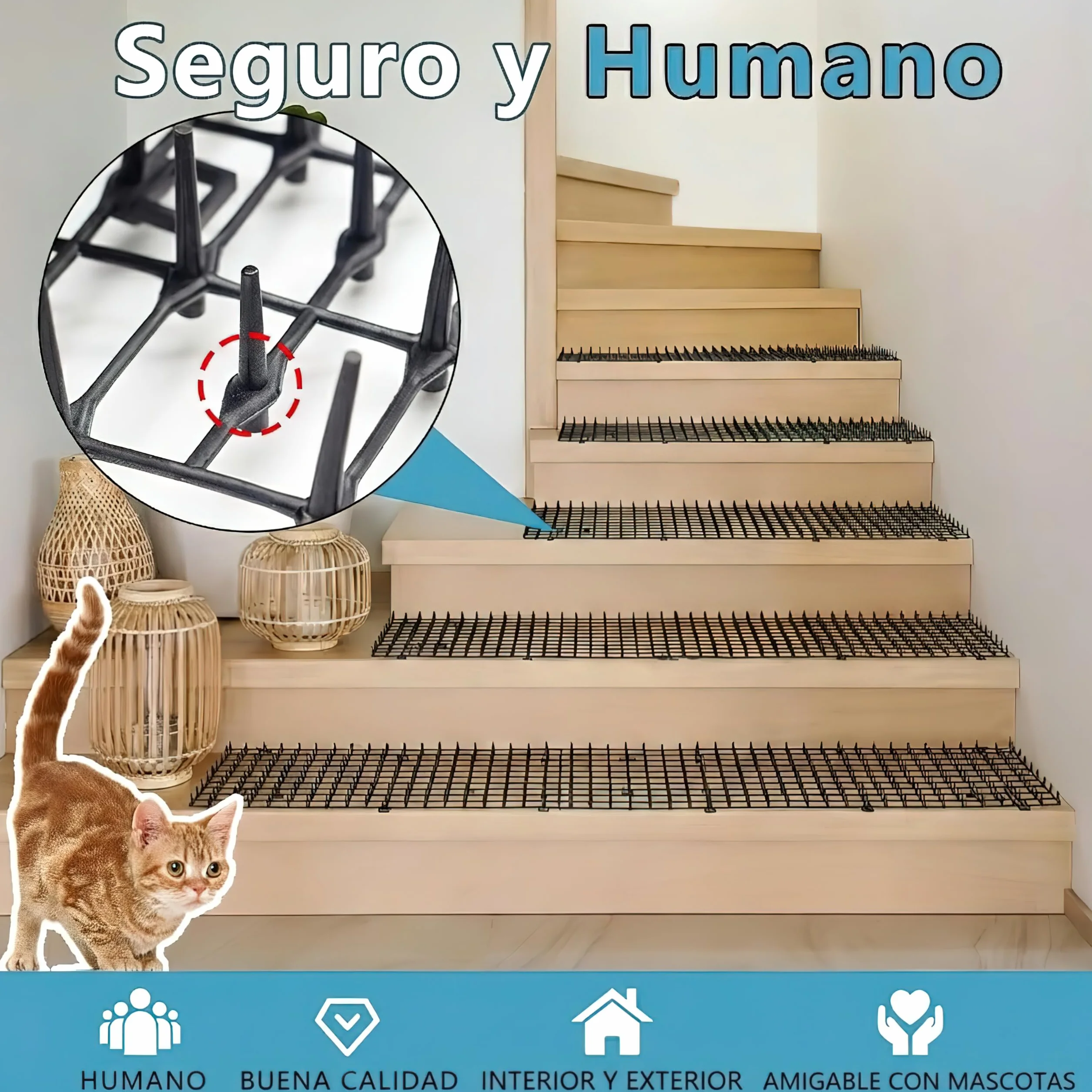Alfombrilla Repelente de Mascotas, Blanca, 1,98 m con 8 Estacas para el Suelo 8 Bridas, Alfombrilla Repelente de Gatos con Púas Suaves para Jardín/Patio Trasero, Alfombrilla Disuasoria de
