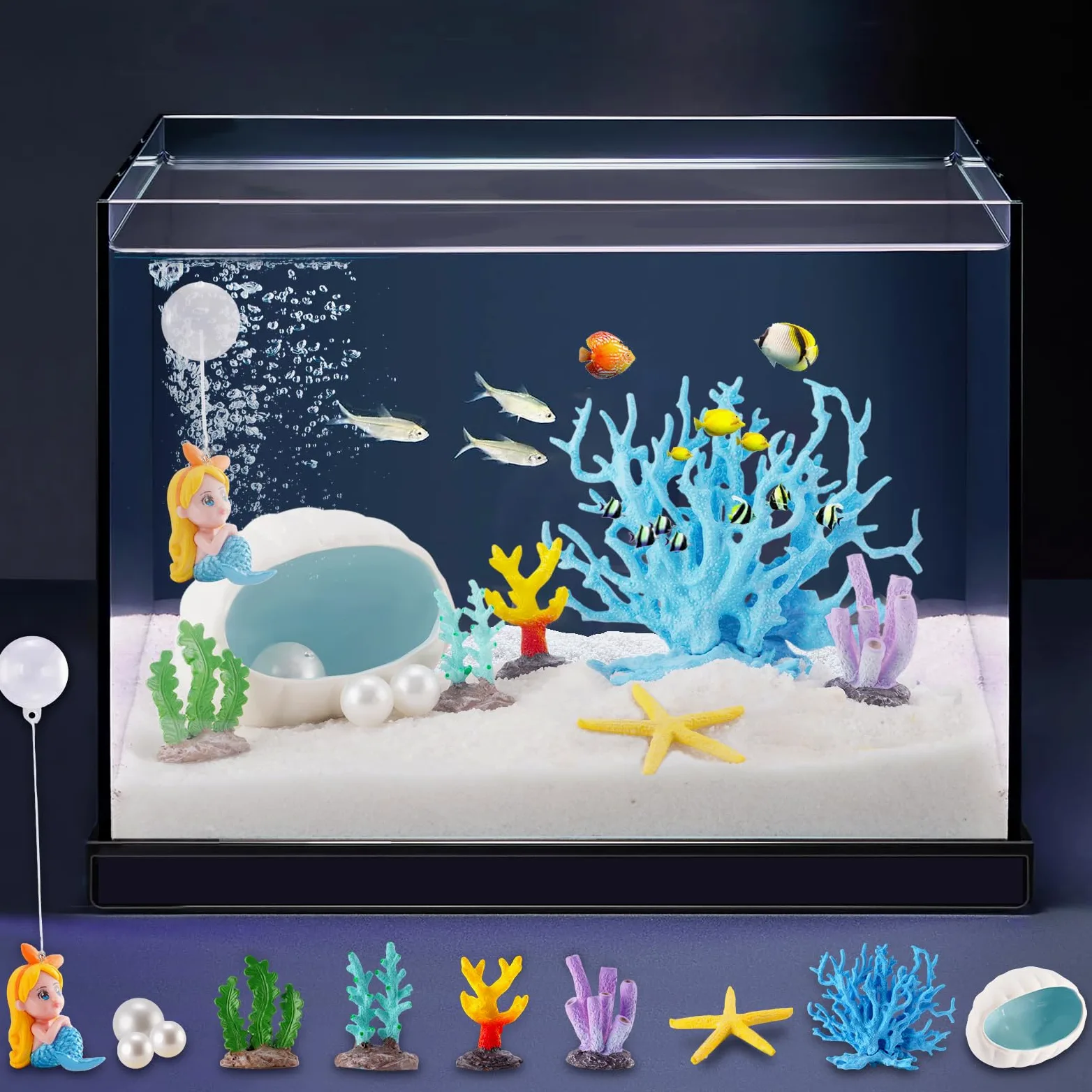 Yawkey Juego de decoración de acuario: corales vibrantes, estrellas de mar, conchas con perlas y figuras de sirena: solución única de paisajismo acuático para una escena submarina mágica (azul)