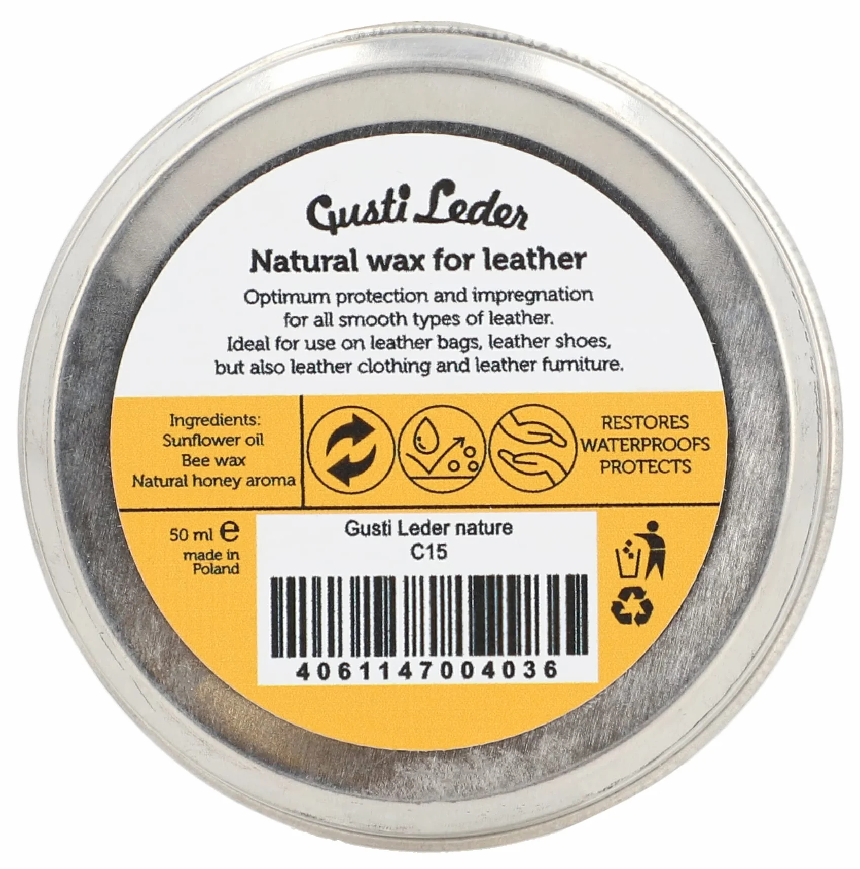 Gusti Leder Natural Wax - Cera de abejas para el cuidado del cuero para sofá, bolsos, zapatos y coche - grasa para cuero para brillo, protección y suavidad