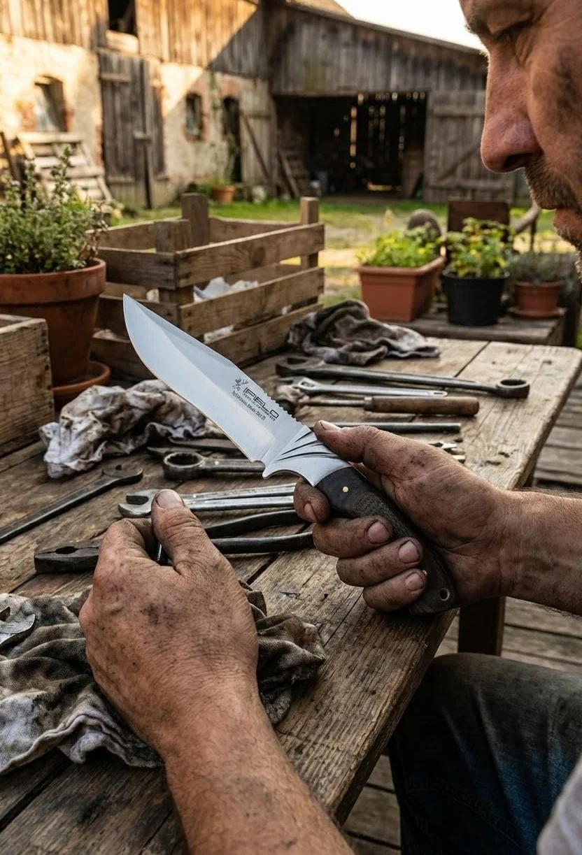 iFIELD Cuchillo de caza Camper EL29009 26 cm Hoja 14 cm Acero Inoxidable Miel Marrón Funda Piel