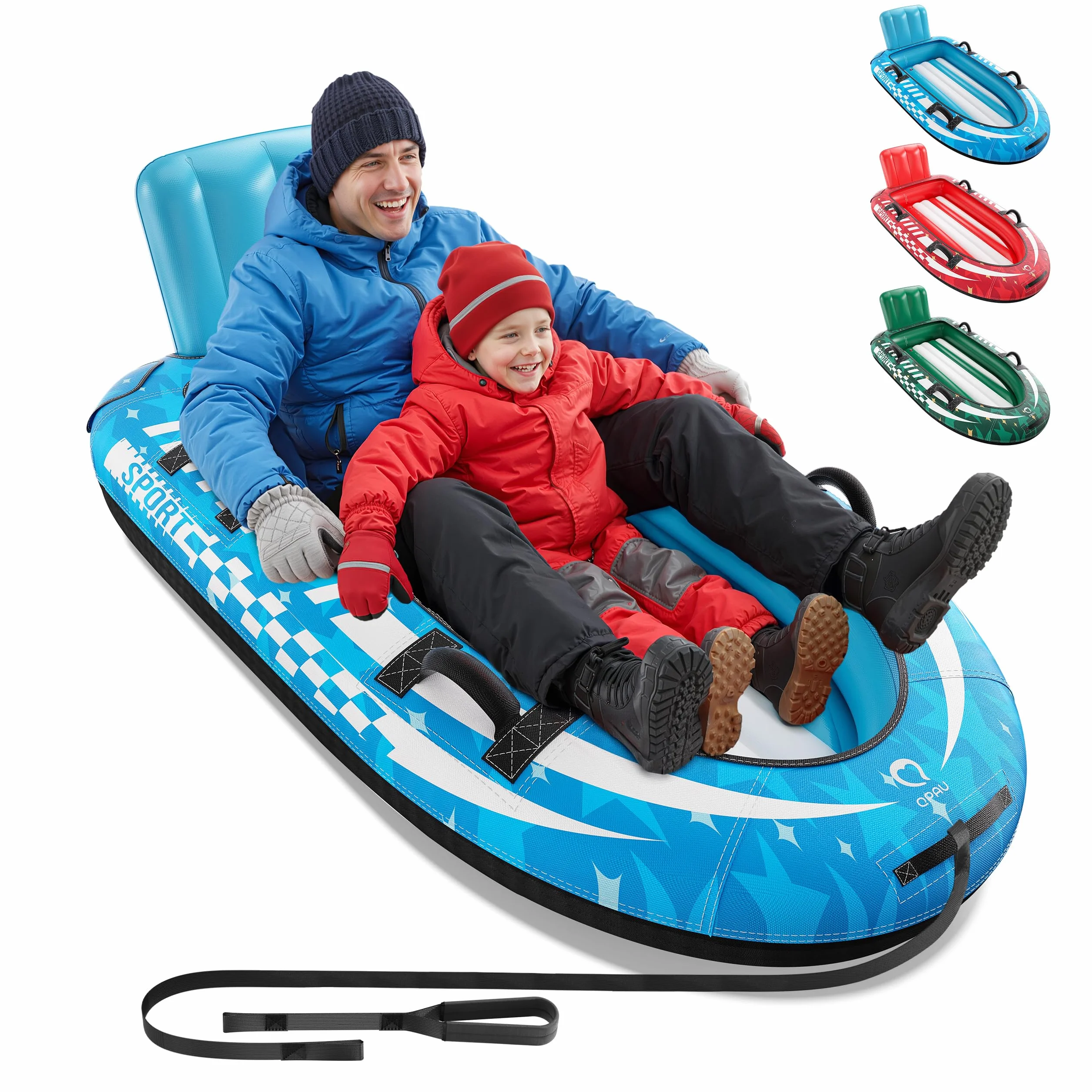 QPAU Trineo de nieve inflable para 2 personas con cubierta de lona, respaldo y asas reforzadas