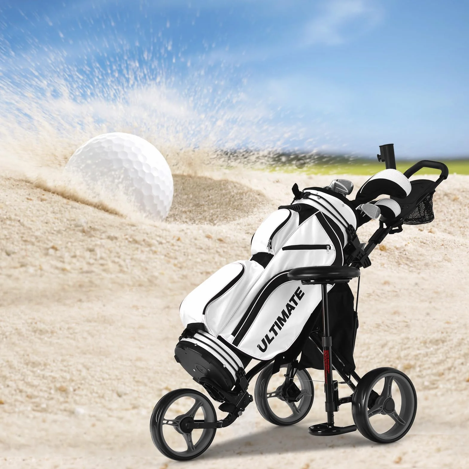 GYMAX Carro de Golf Plegable 3 Ruedas con Altura Ajustable y Portabebidas