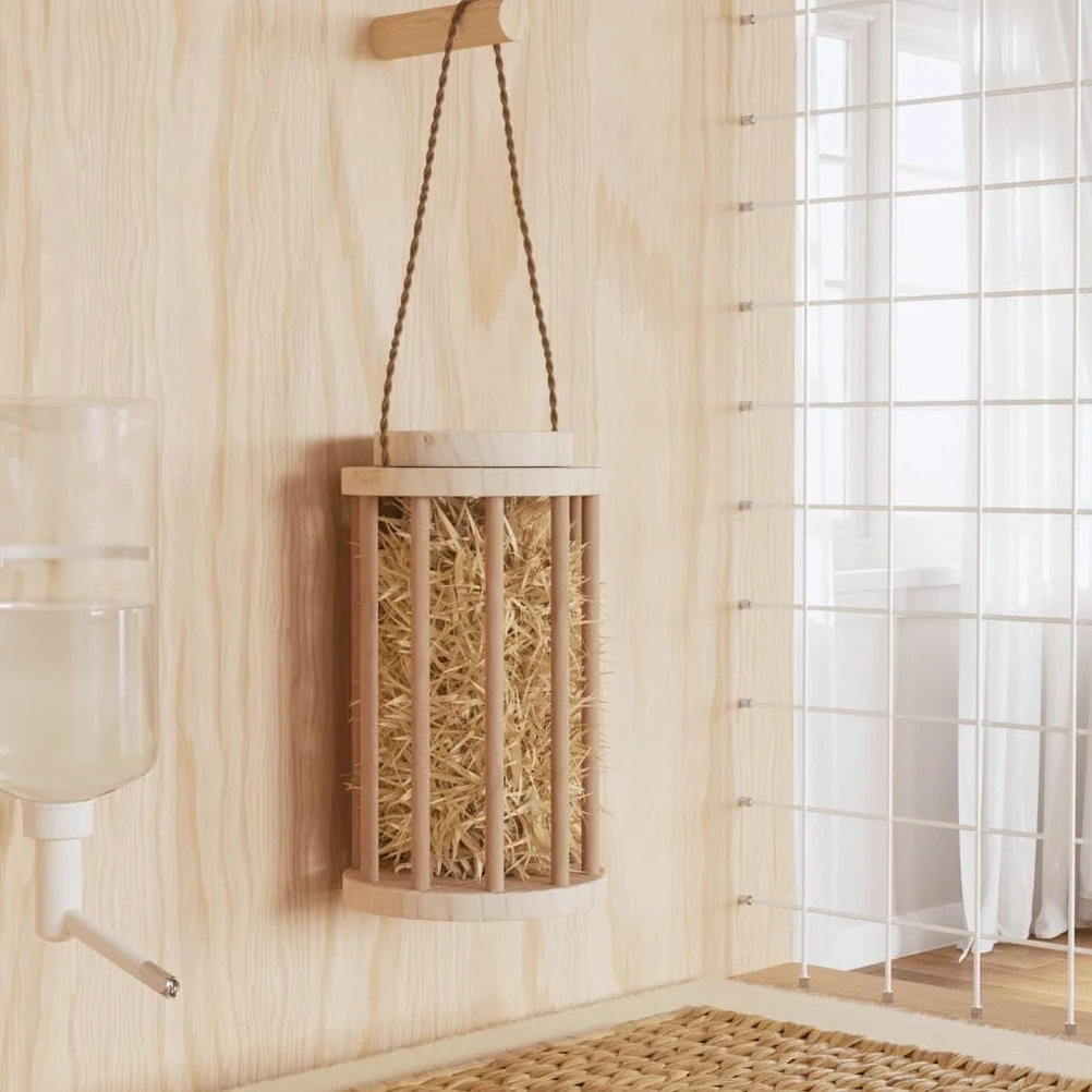 Heno para conejos de madera maciza de abeto, diámetro 15 x 25,5 cm, con tapa extraíble y asa de cordón, dispensador de heno para animales pequeños, adecuado para conejillos de indias