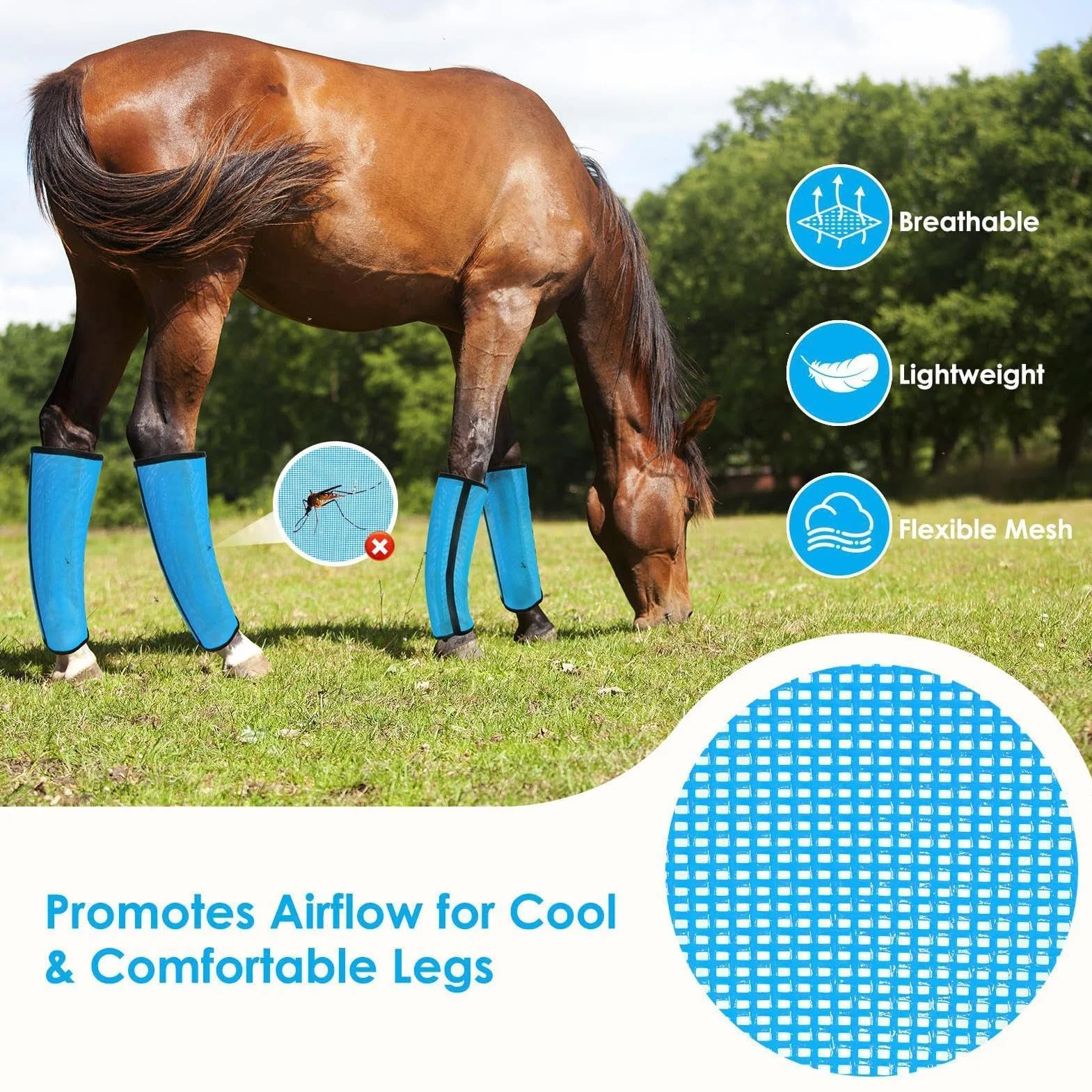 Botas contra moscas para caballos - Leggins de malla fina transpirable de 400 g | Protectores de malla ajustables y transpirables, 4 piezas, para pastos, carreras al aire libre, entrenamiento, competi